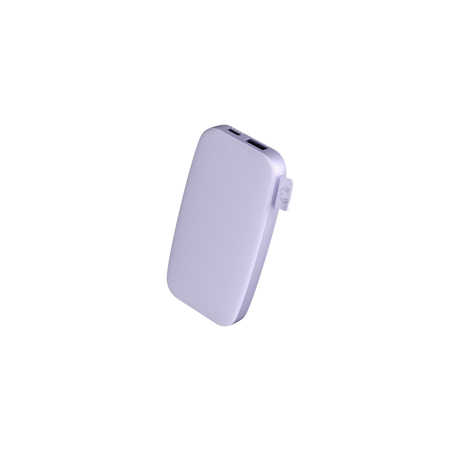 Kleine, rechthoekige, lichtpaarse powerbank. Zwarte achtergrond. Twee poorten zichtbaar.