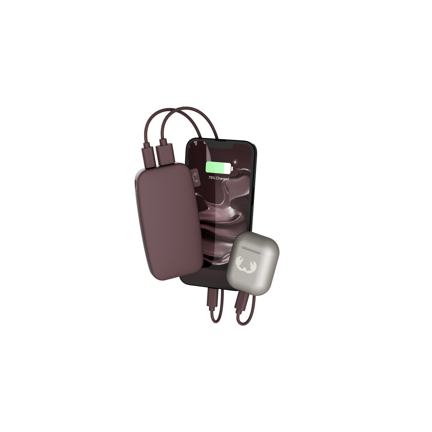 Phone charging. Power bank, phone, and earbuds are in view.