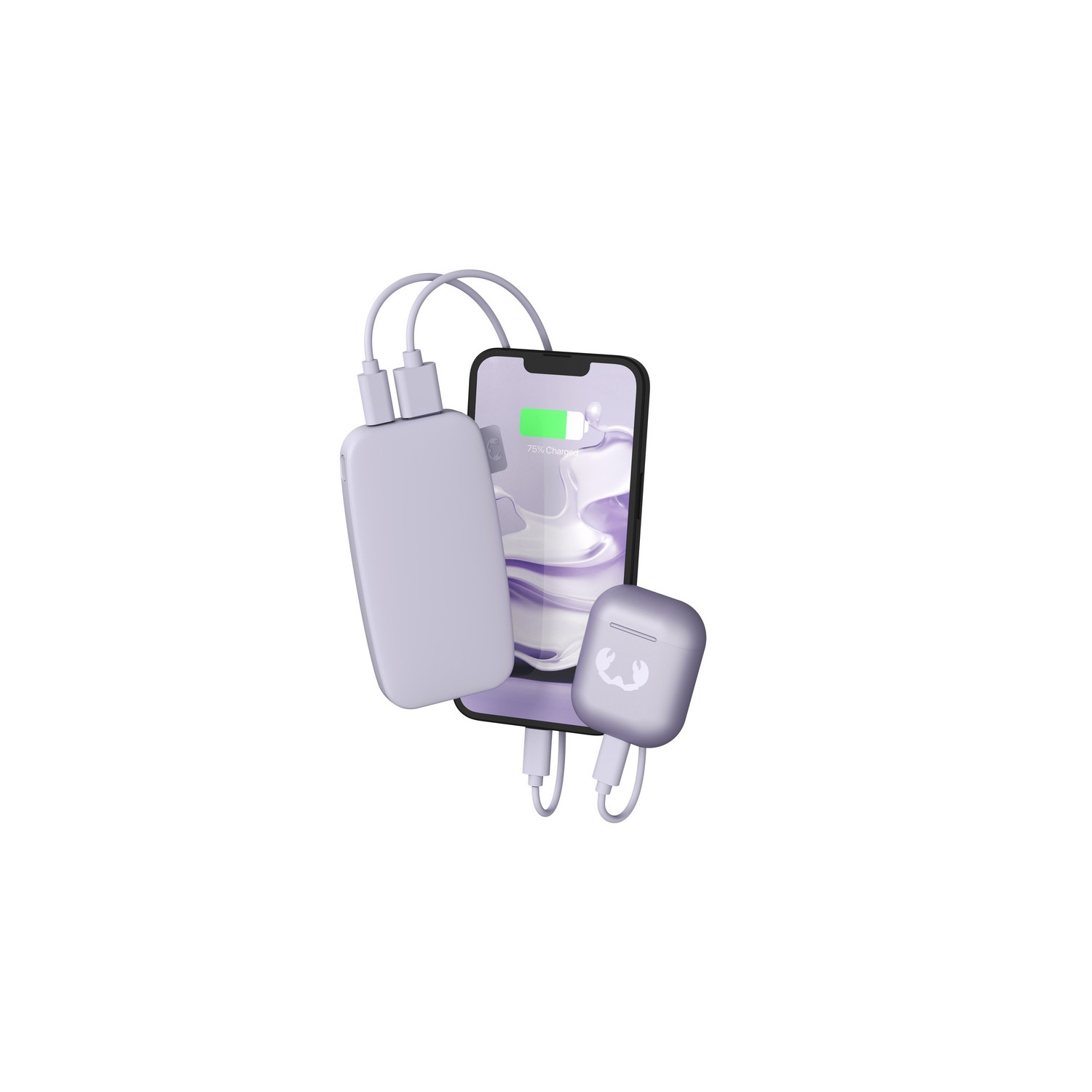 Een telefoon die oplaadt met een powerbank en oordopjes. Alles in een lichtpaarse kleur tegen een witte achtergrond.