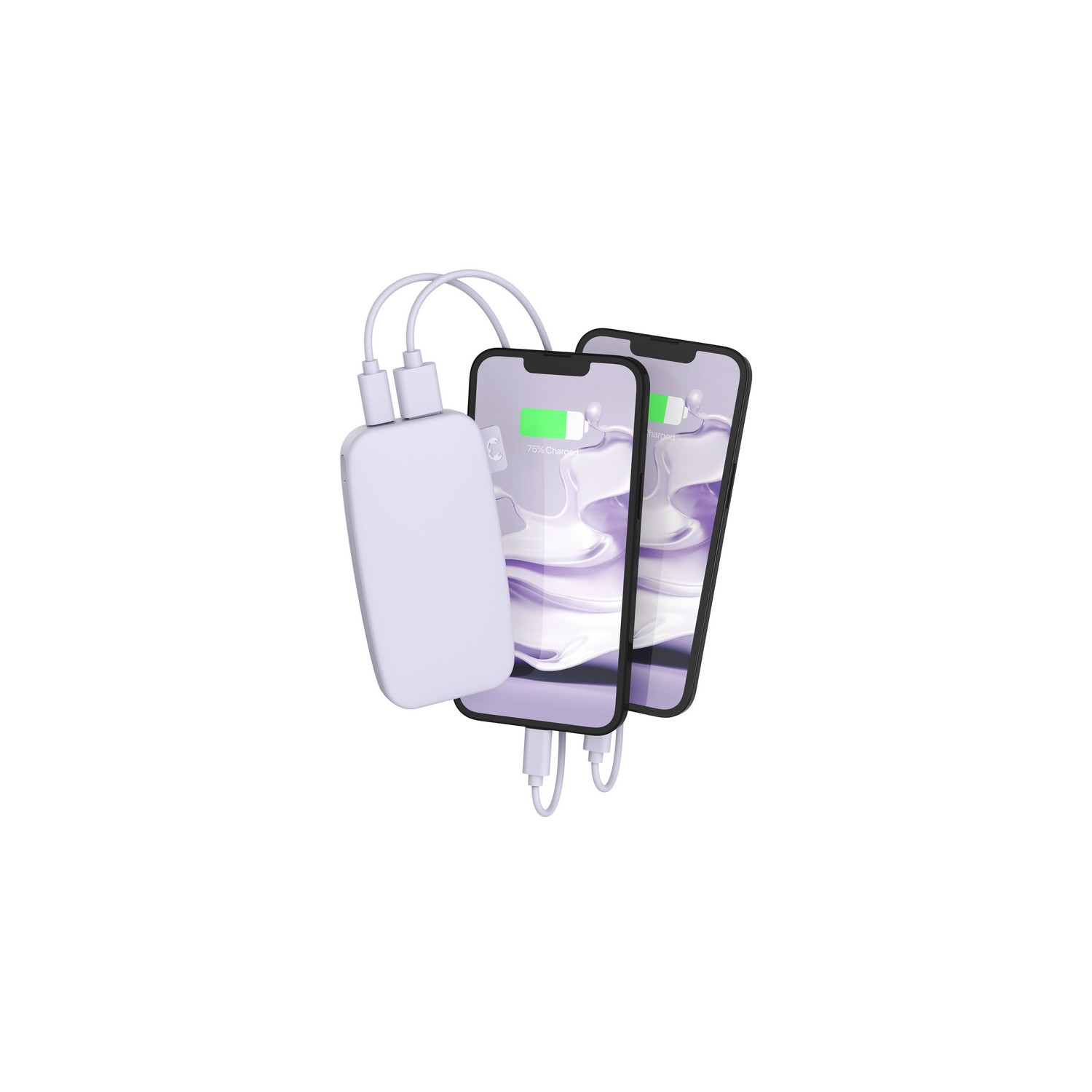 Drie smartphones aangesloten op een witte powerbank met oplaadkabels, alles op een witte achtergrond.