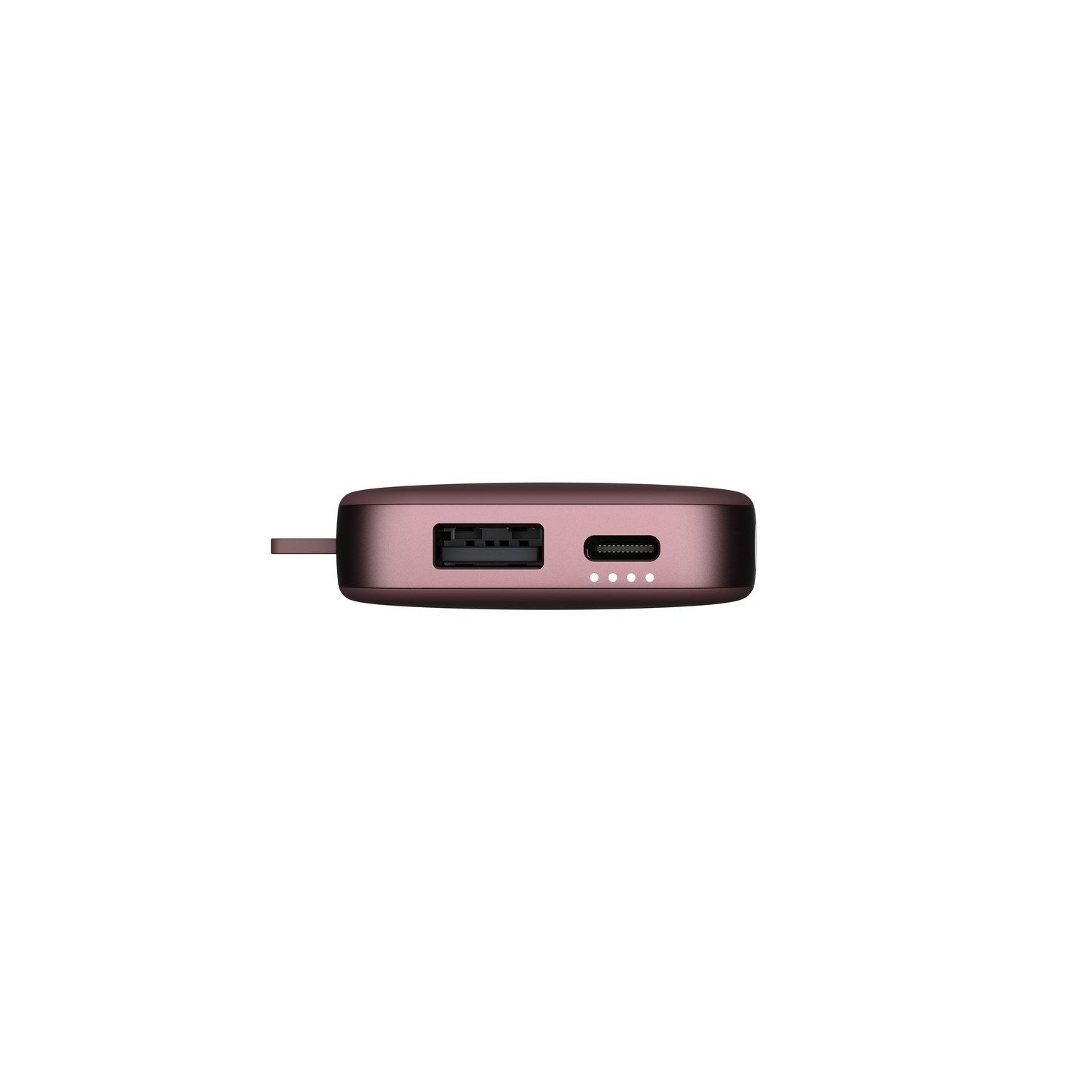 Small pink power bank with USB and USB-C ports. The ports are black.
