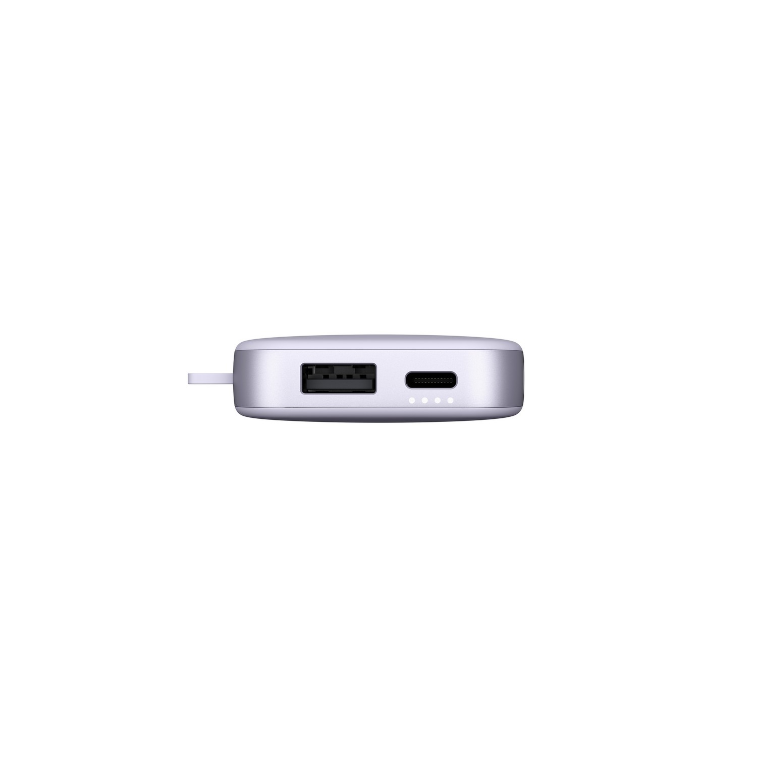 Grijze powerbank met USB- en USB-C-poorten. Hij heeft een kleine lus en vier oplaadindicatielampjes.