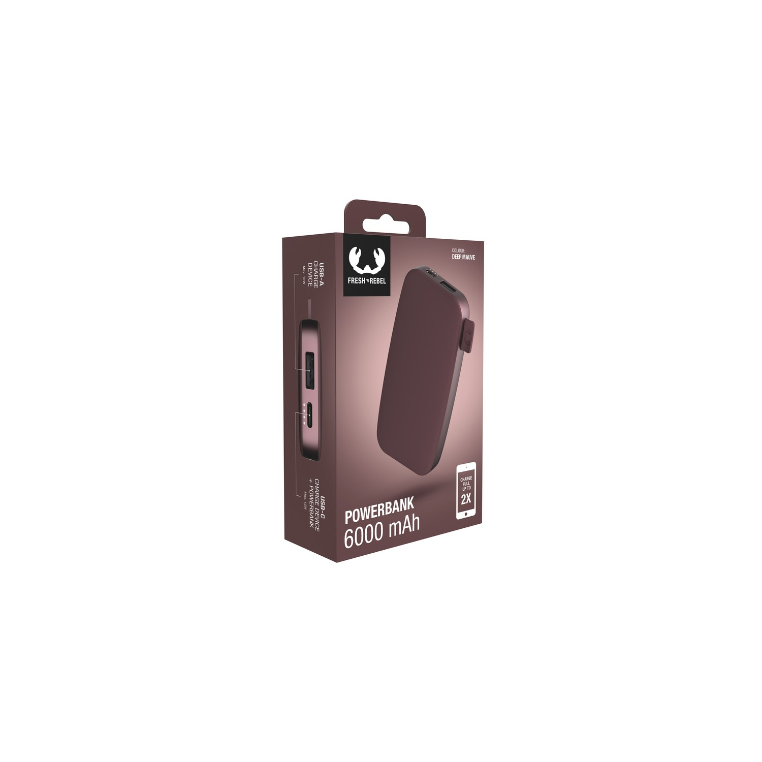 Boxed powerbank in maroon with the Fresh 'n Rebel logo, showing the product inside.
