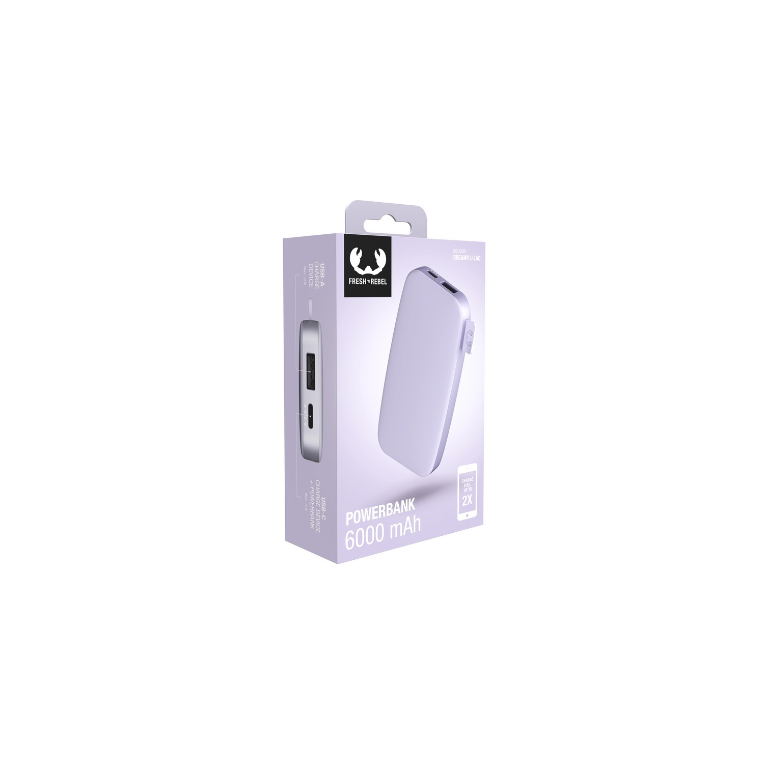 Witte en paarse powerbank doos. Tekst: Powerbank 6000 mAh. De doos heeft een handvat.