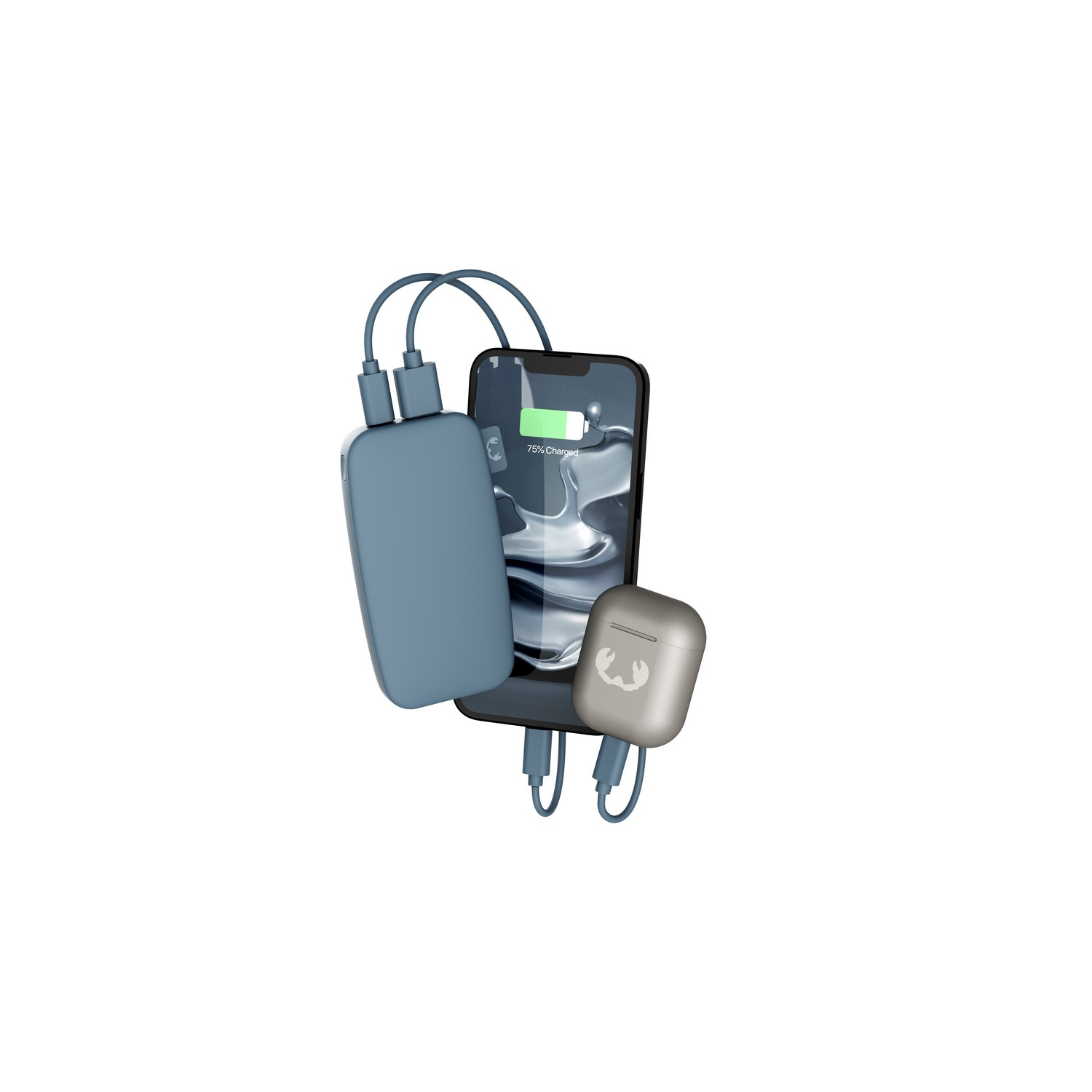 Batterie externe bleue chargeant un téléphone et des AirPods. Le téléphone affiche 75% chargé.