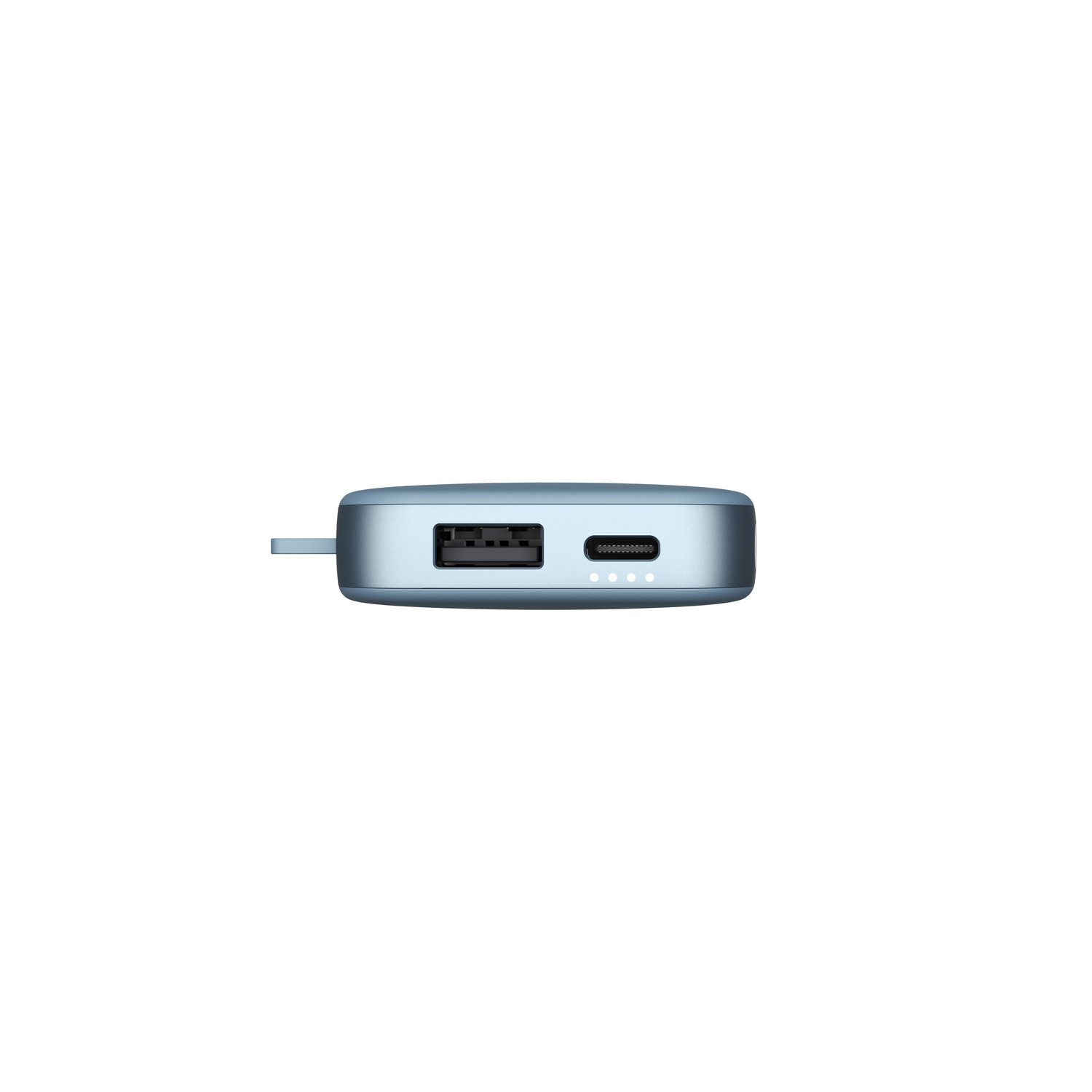 Une batterie externe bleu clair avec deux ports USB et quatre voyants de batterie.