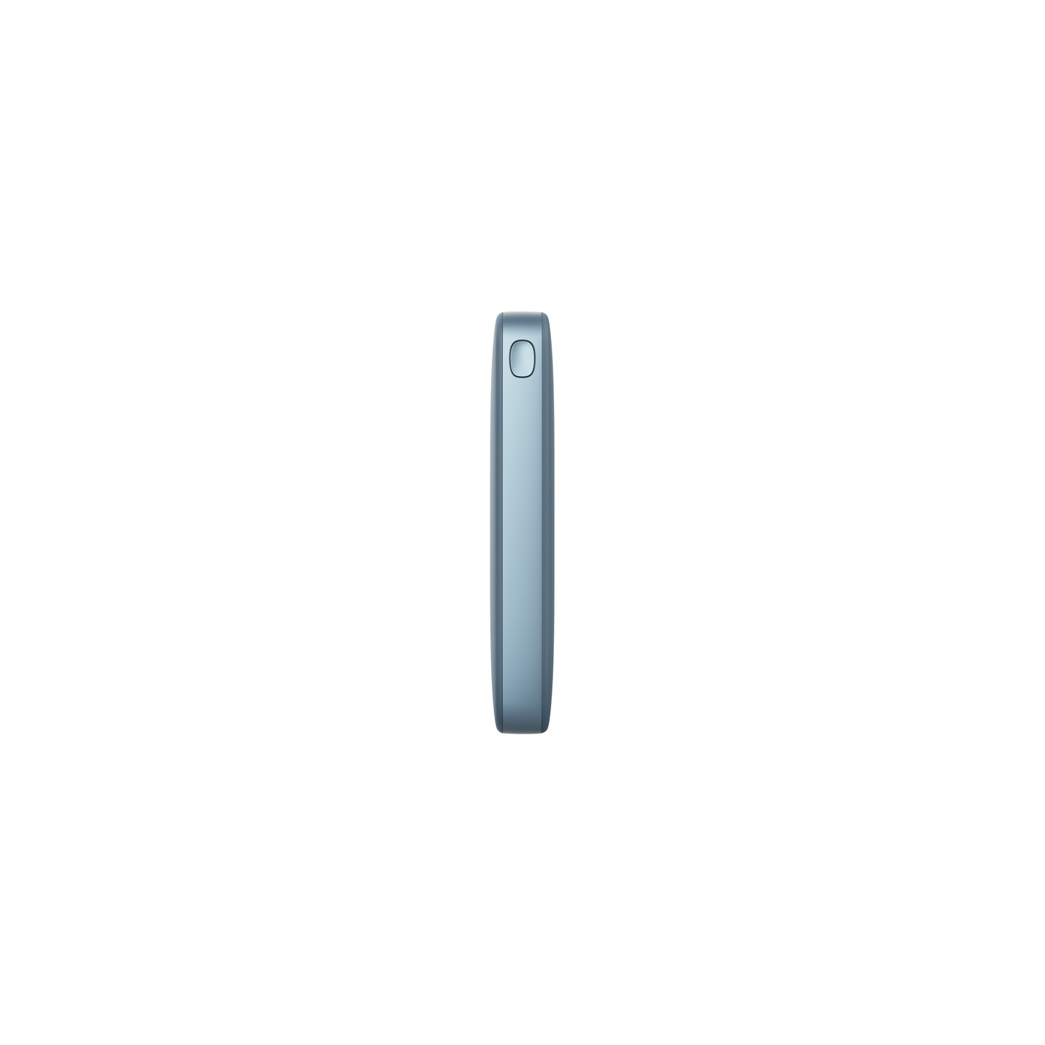 Vue latérale d'un appareil rectangulaire bleu clair avec un petit bouton et un port de chargement.