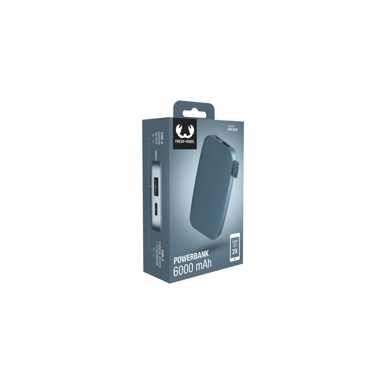 Powerbank Fresh 'n Rebel en boîte. Couleur bleue, ports usb et indicateur de charge.
