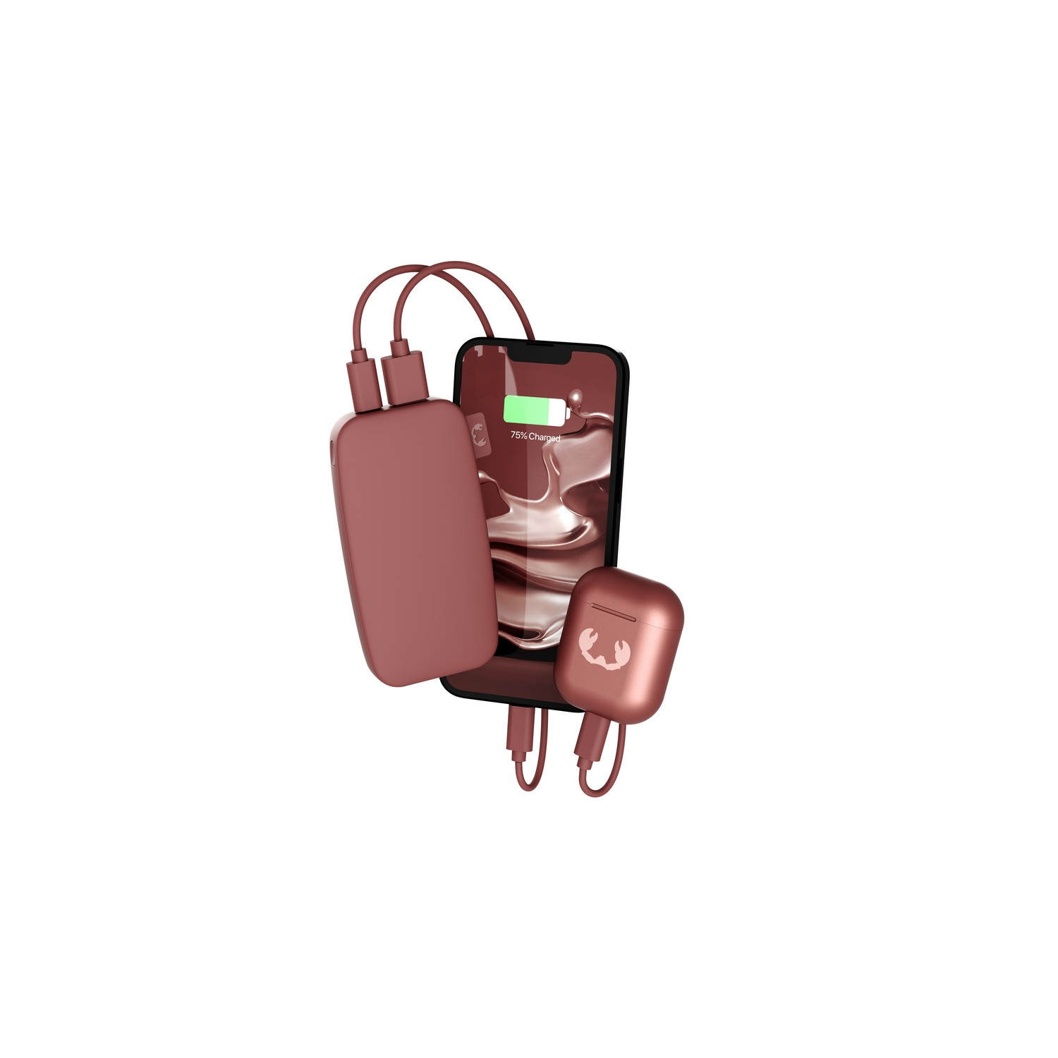 Phone and earbuds charging with a power bank. All are rose-colored.