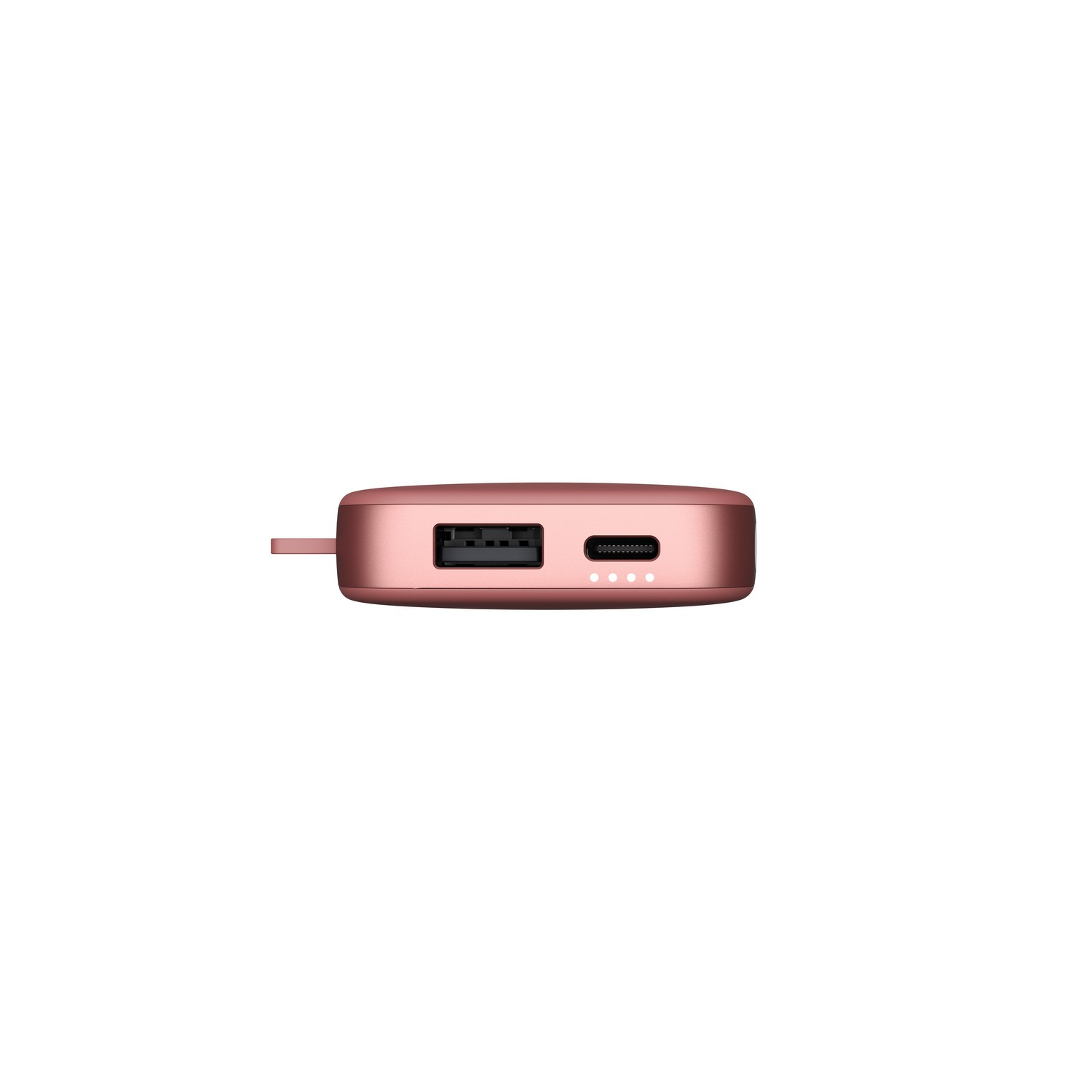 Rose gold power bank. It has a USB port and a USB-C port. Four white lights are visible.
