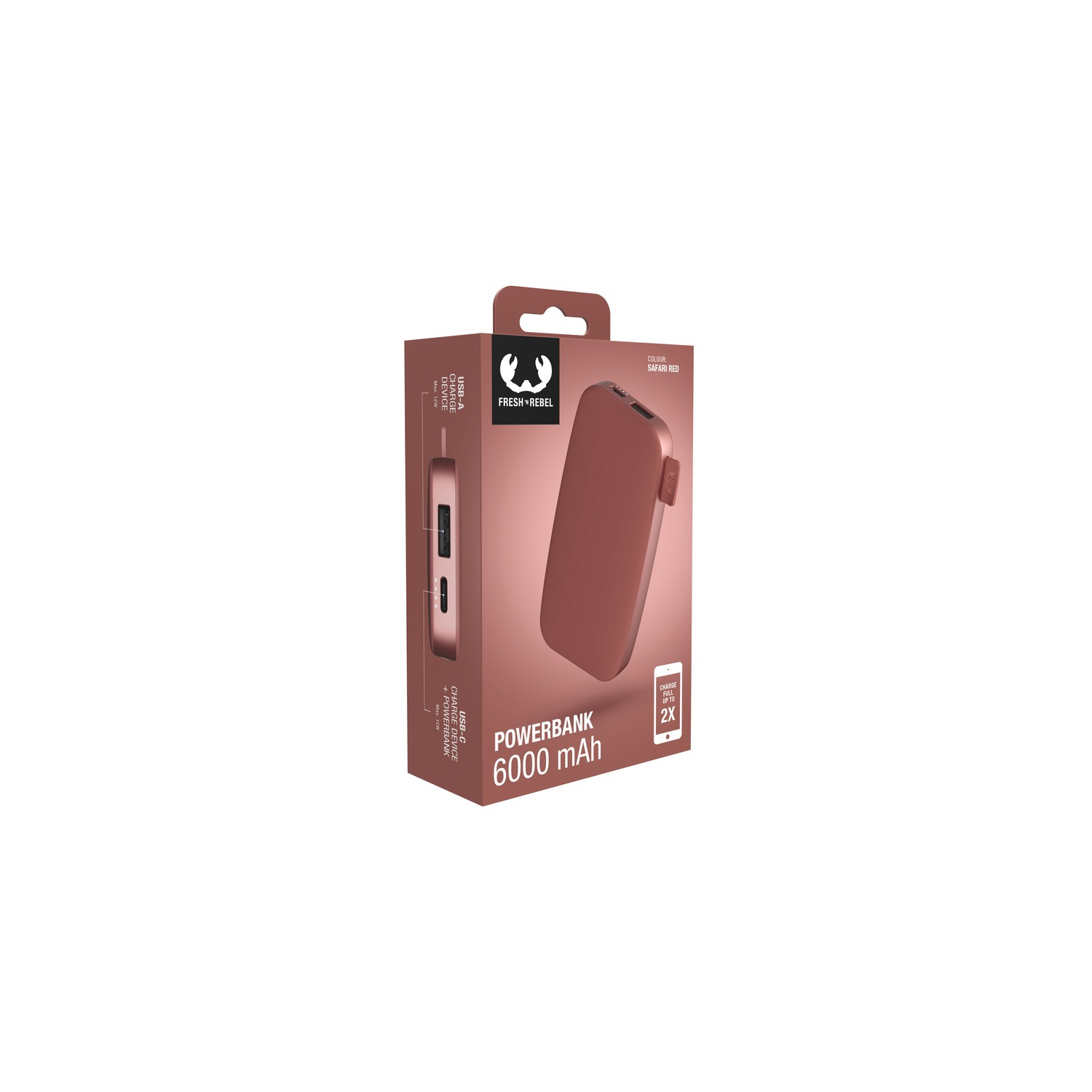 Boxed power bank in red-brown color, with a product description.