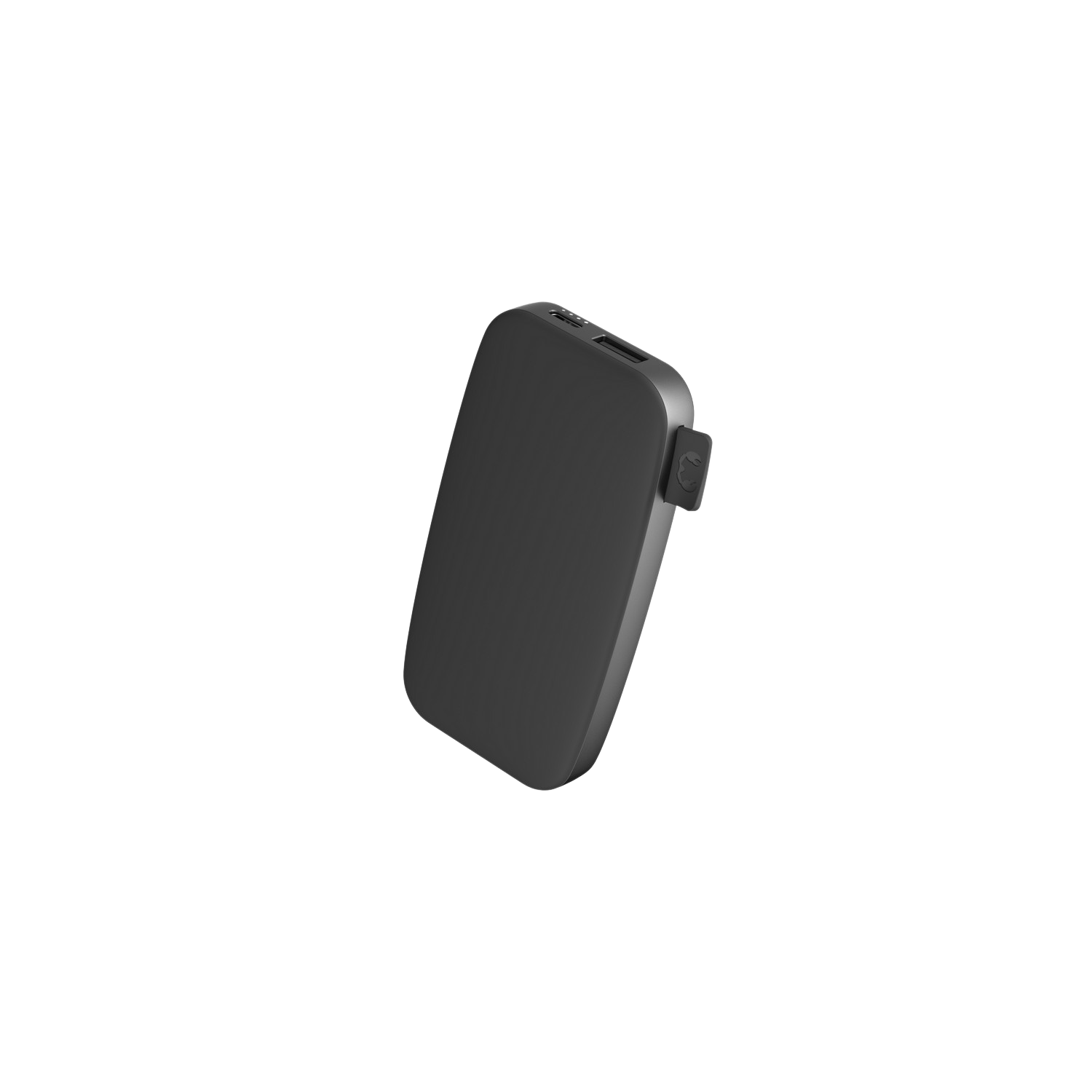 Zwarte powerbank op een zwarte achtergrond. Het heeft een kleine, grijze clip en poorten aan de zijkant.