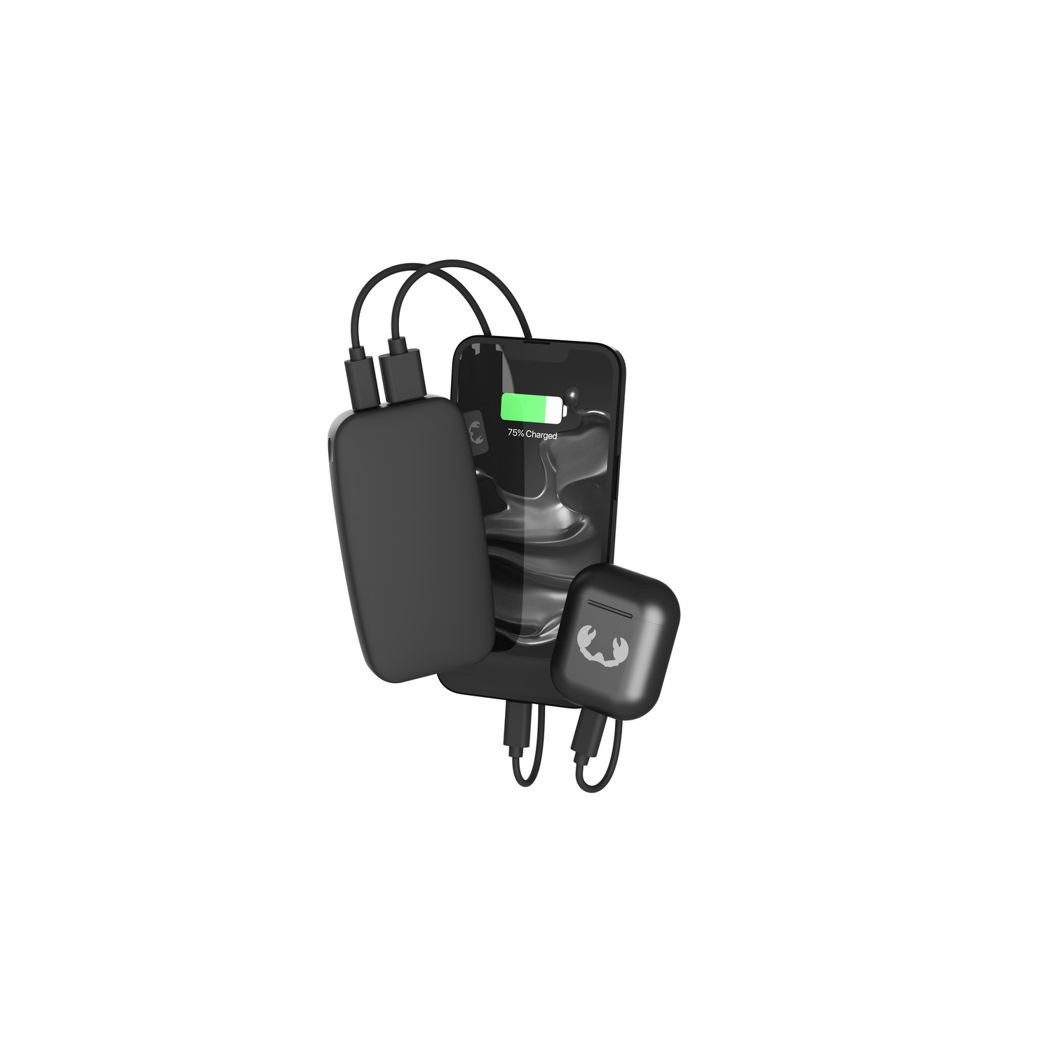 Zwarte powerbank, telefoon met 75% opgeladen en zwarte oordopjes.