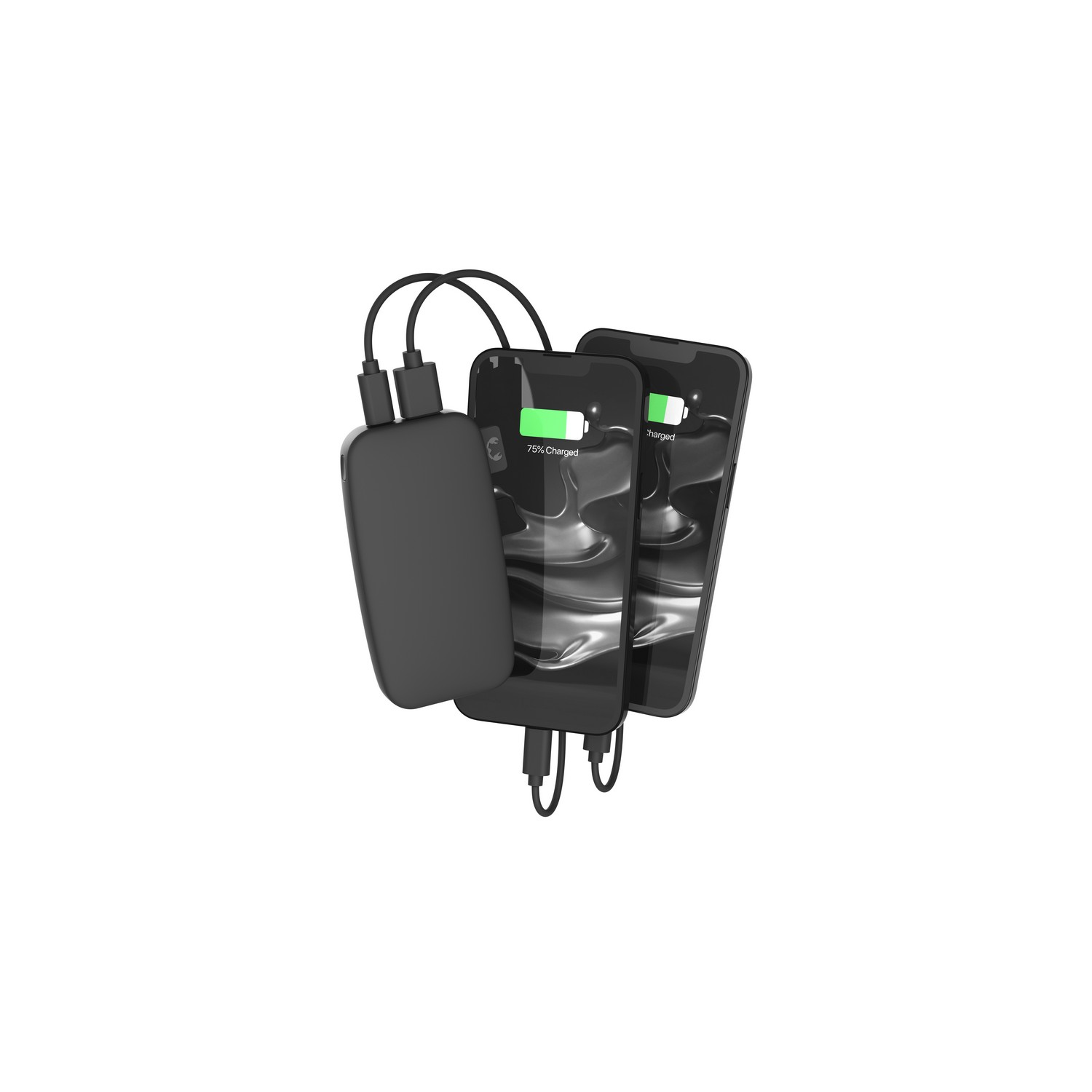 Twee telefoons die opladen via een zwarte draagbare oplader. Eén telefoon toont 75% opgeladen. Witte achtergrond.