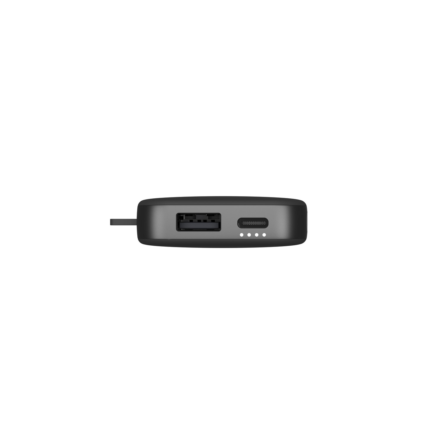 Zwarte powerbank met USB- en USB-C-poorten en LED-indicatielampjes.