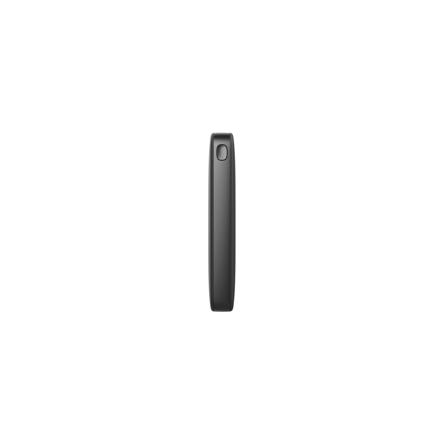 Een zwarte, rechthoekige powerbank met een gat aan de bovenkant.