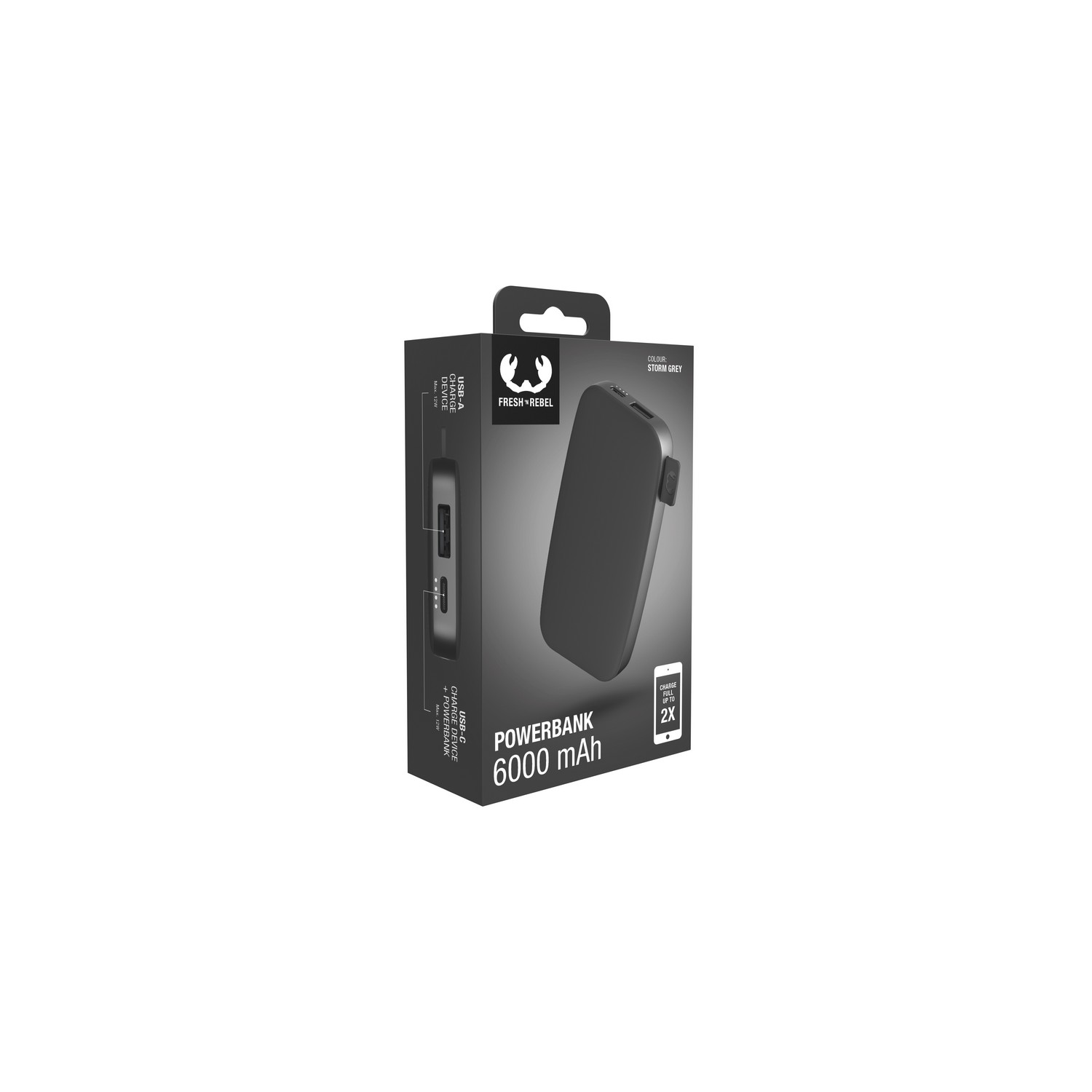 Zwarte powerbank in een doos. De doos heeft een handvat en toont de functies.