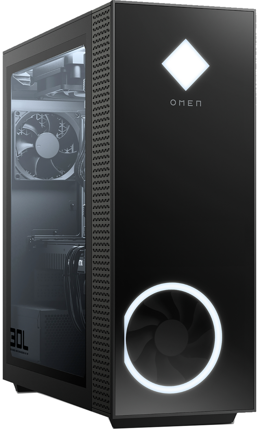 Zwarte Omen gaming-pc met verlicht diamantlogo en verlichte ventilator.