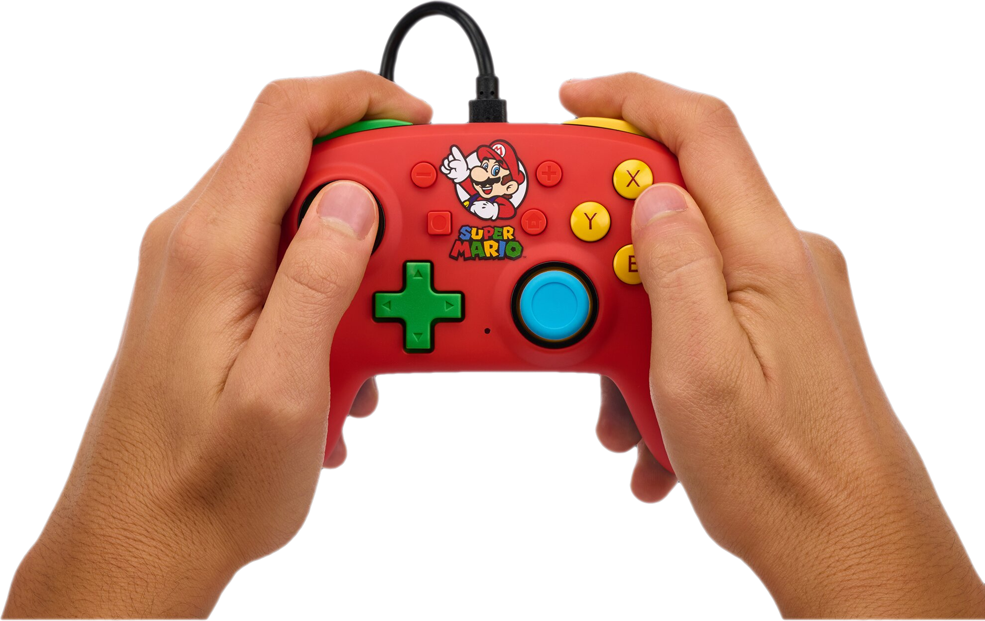 Hände halten einen roten Super Mario Gamecontroller.