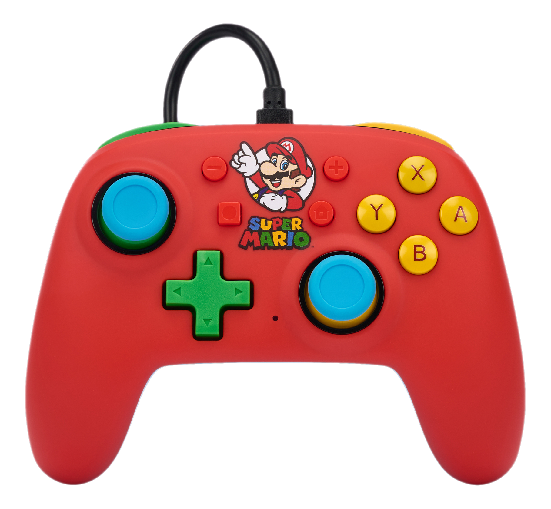 Roter Super Mario Controller mit blauen, grünen und gelben Knöpfen, schwarzem Kabel und Mario-Logo.