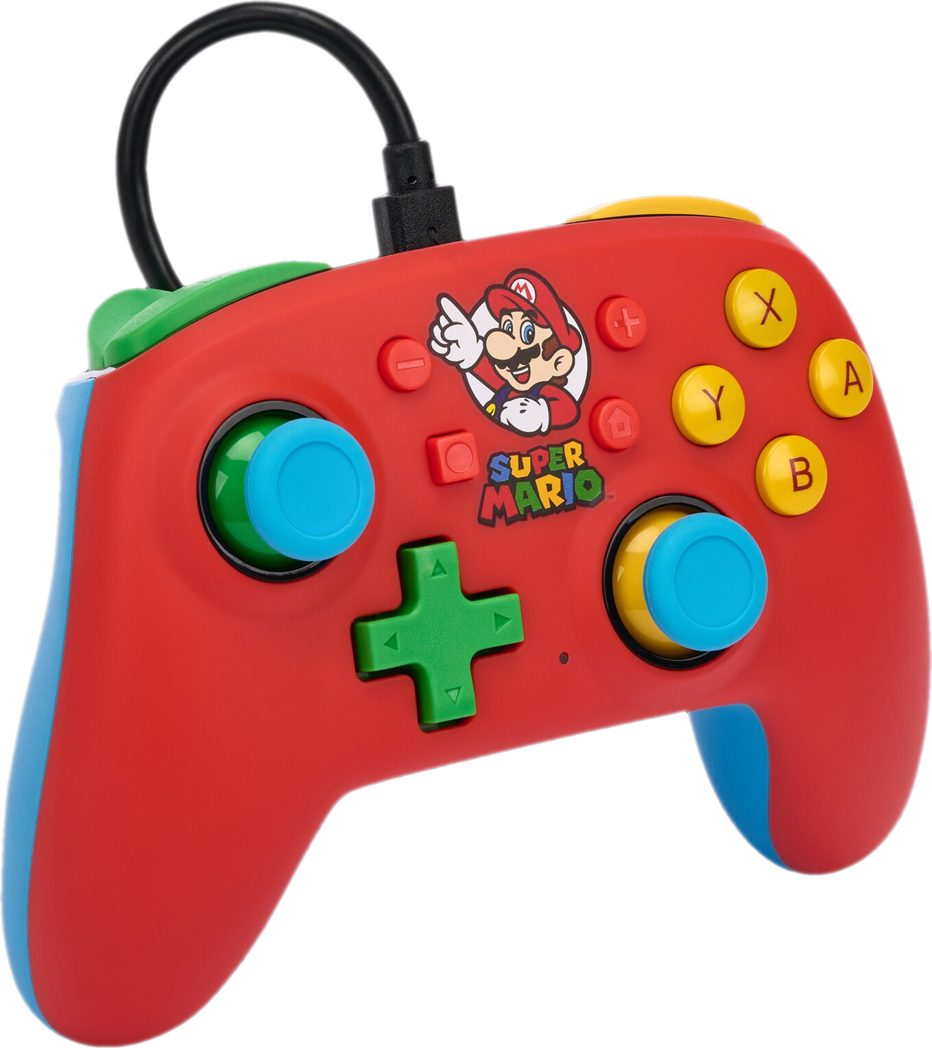 Ein roter Super Mario Gamecontroller mit Knöpfen, einem Joystick und einem schwarzen Kabel.