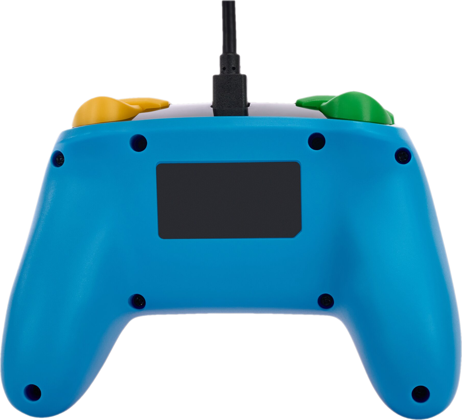 Blauer Gamecontroller mit gelben und grünen Knöpfen, schwarzes USB-Kabel.
