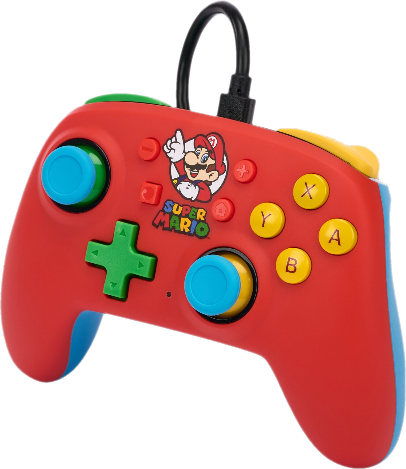 Ein roter Super Mario Controller mit schwarzem Kabel, Knöpfen und Steuerkreuz.