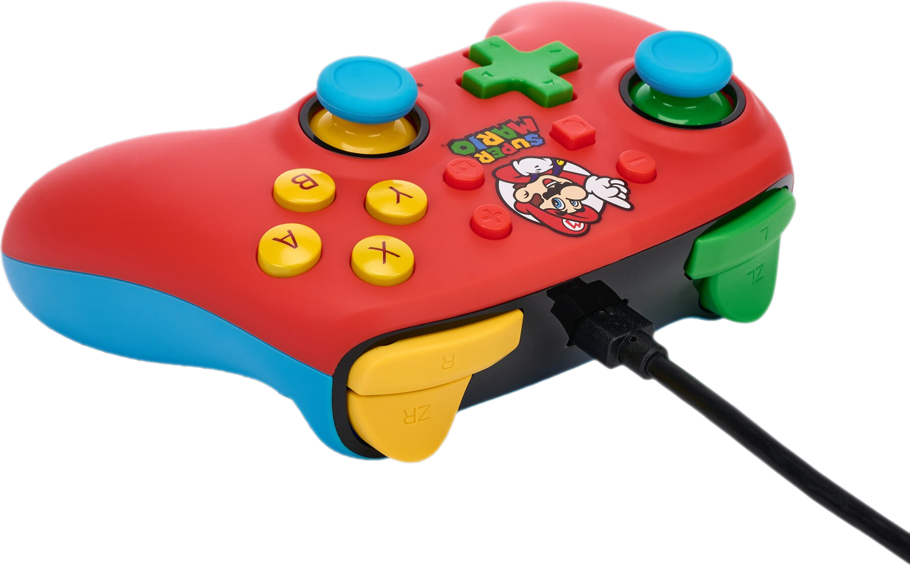 Roter und blauer Super Mario Controller mit Knöpfen und Anschlusskabel. Mario-Logo vorhanden.