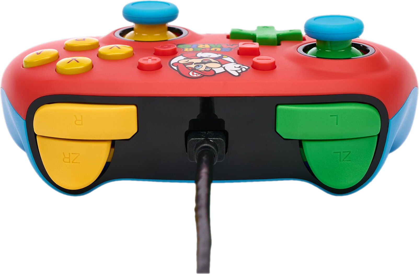 Super Mario-Spiel-Controller mit roten, blauen, gelben und grünen Knöpfen. Schwarzes Kabel angeschlossen.