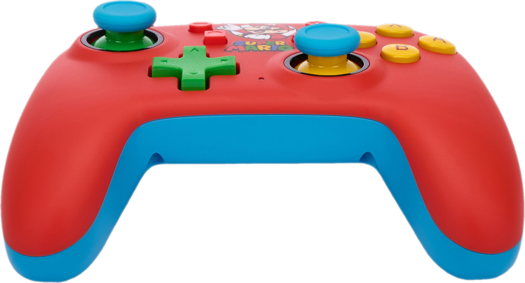 Ein rot-blauer Nintendo Switch-Controller mit grünen und gelben Knöpfen, mit einem Mario-Logo.