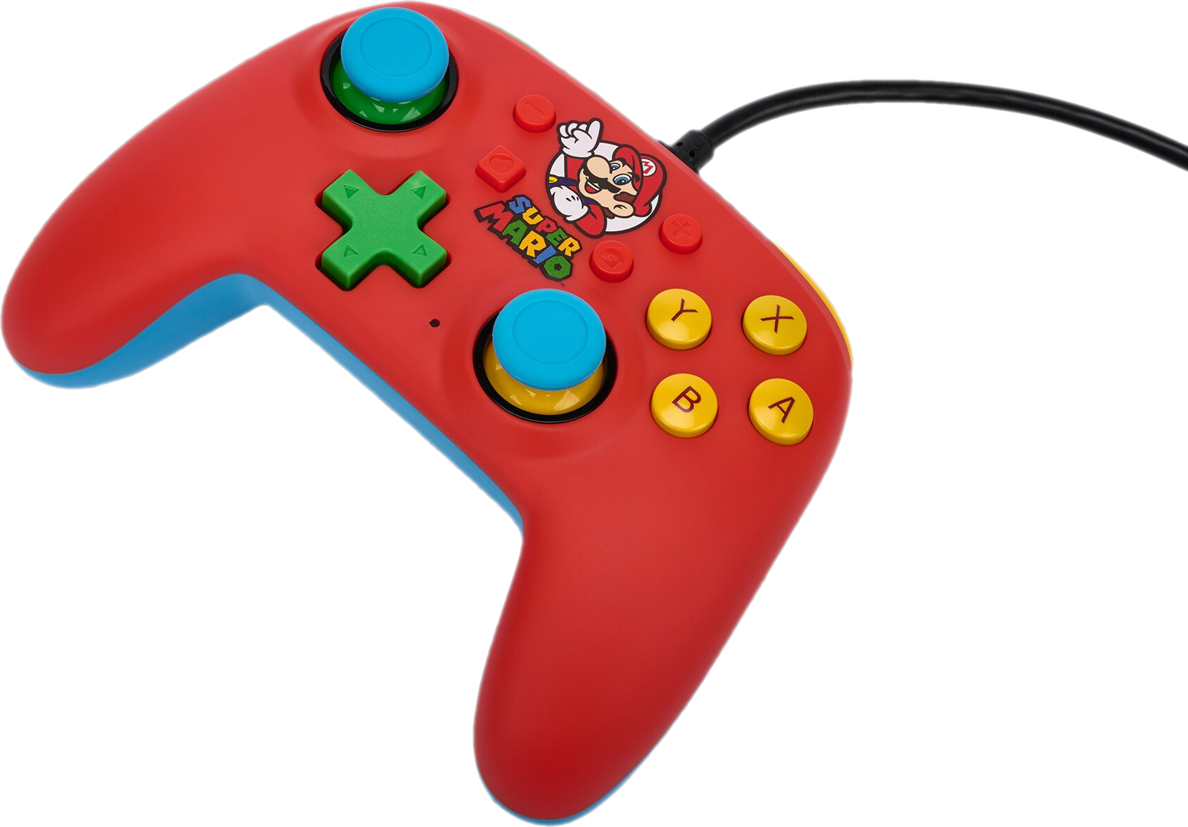 Roter Super Mario Controller. Er hat blaue Joysticks und grüne, gelbe und rote Knöpfe, sowie Mario.