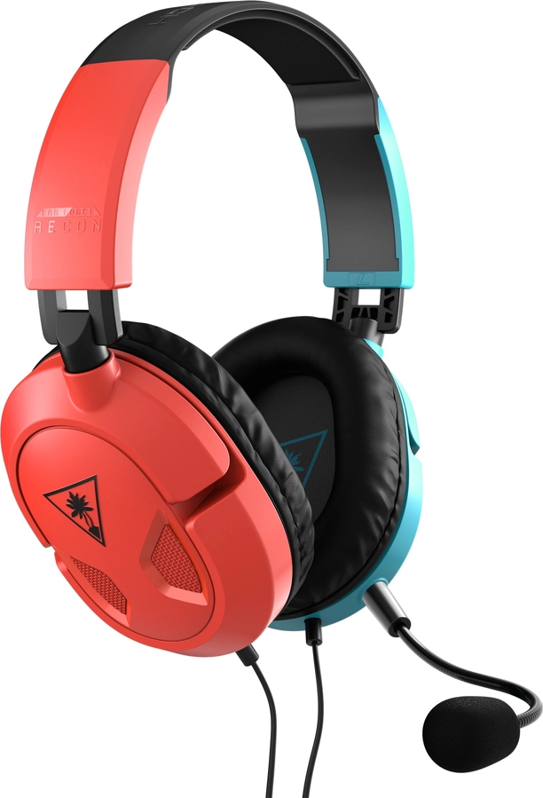 Turtle Beach Recon Gaming-Headset, rot und blau, mit Mikrofon.