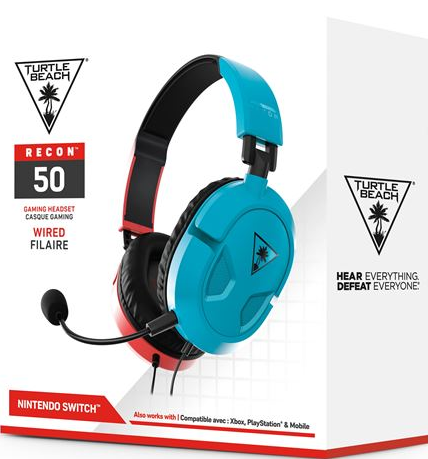 Weiße Box mit Gaming-Headset, mit roten und blauen Akzenten. Turtle Beach-Markenlogo sichtbar.