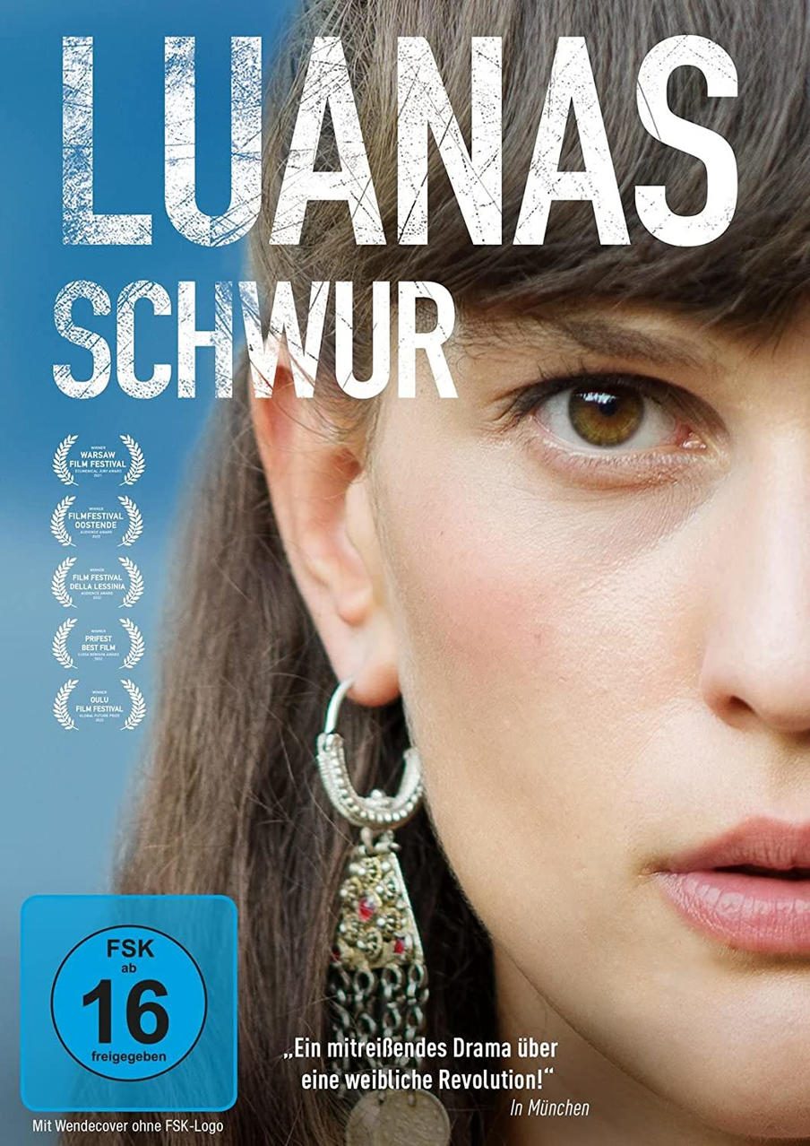 DVD-Cover eines Films, das Gesicht einer Frau, mit blauem Text 'Luanas Schwur'.