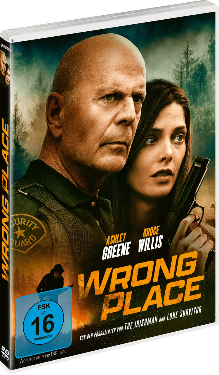 DVD-Cover für den Film 'Wrong Place' mit Bruce Willis und Ashley Greene, mit Logo und Bewertung.