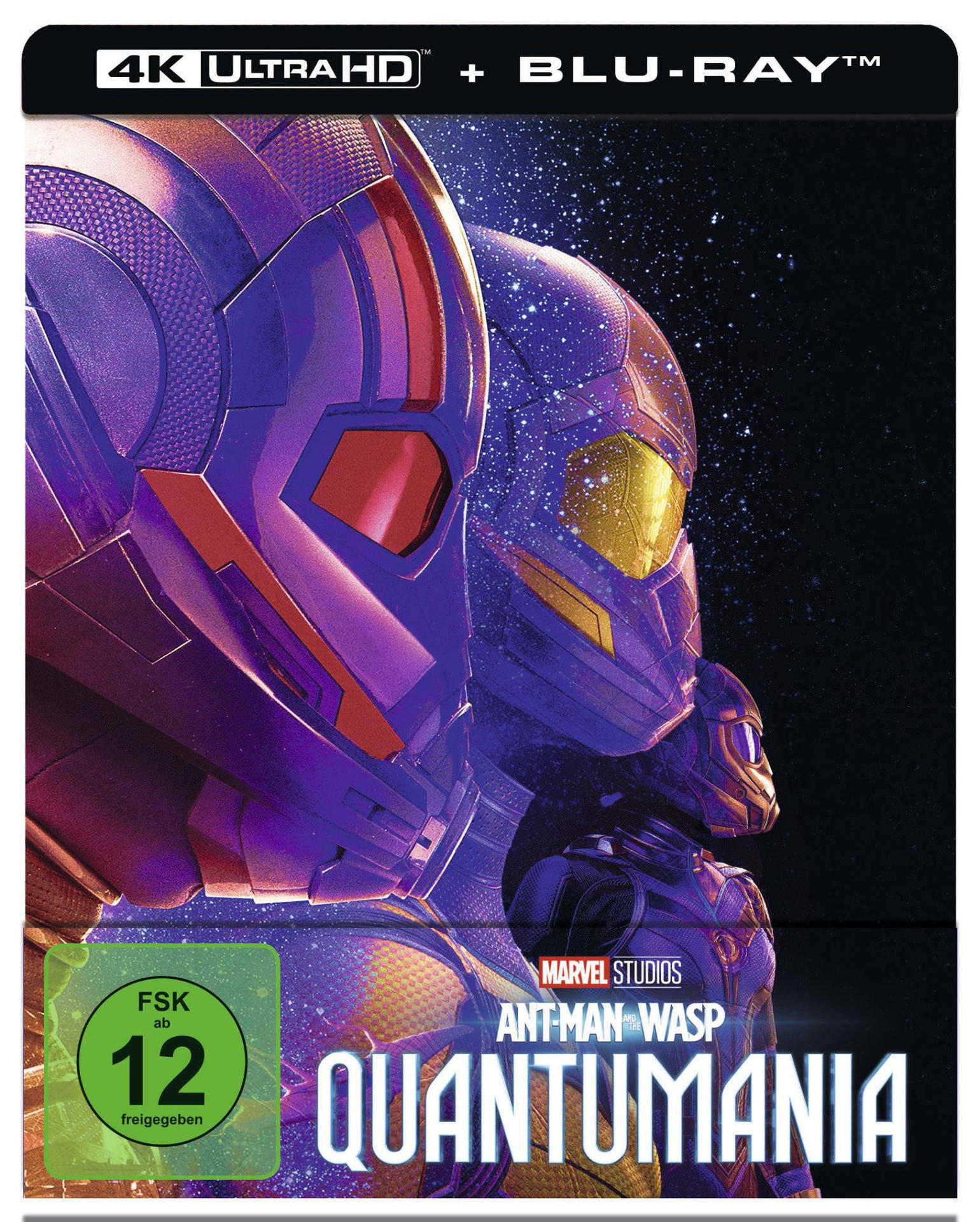 Ant-Man and the Wasp: Quantumania Filmcover. Lila-blaues Farbschema.