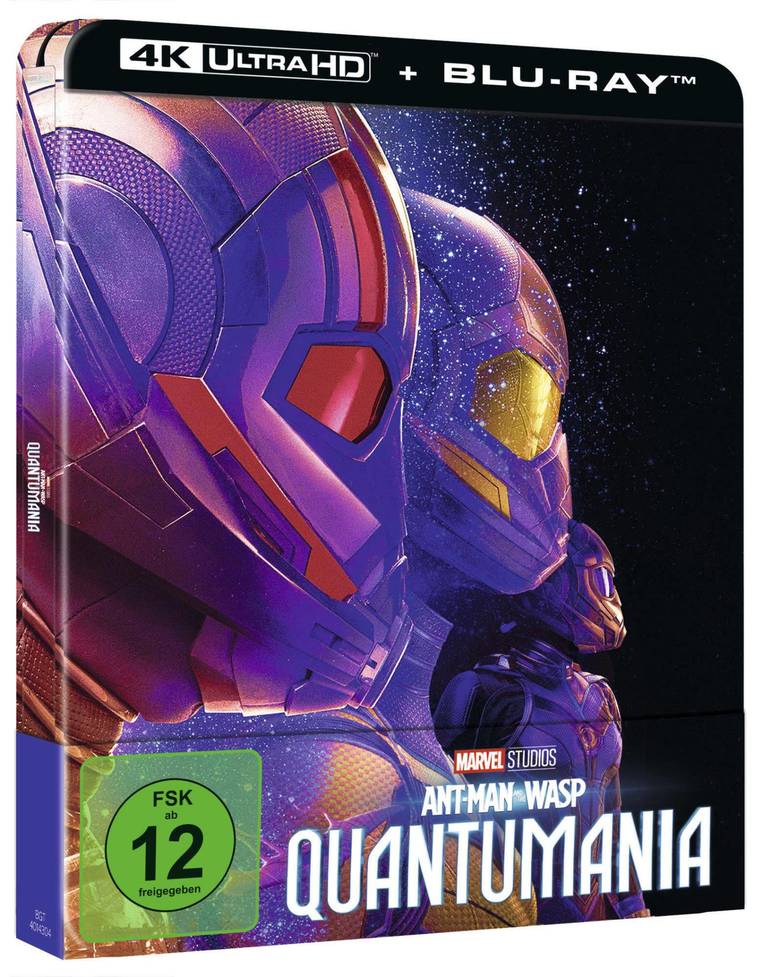 Ant-Man and the Wasp: Quantumania Blu-ray Cover. Zeigt Charaktere in Anzügen vor lila Hintergrund.