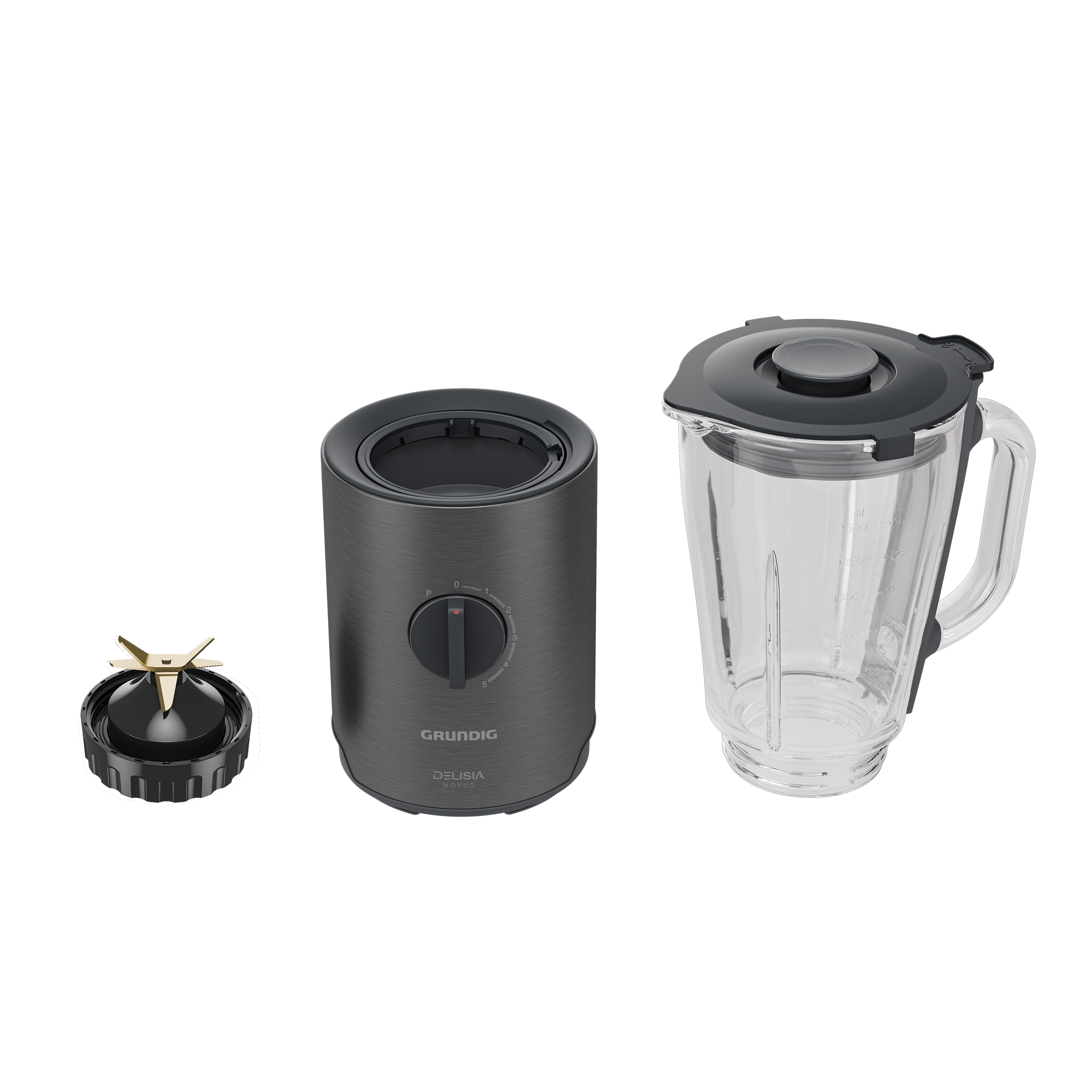 Blender parçaları: taban, sürahi, bıçak tertibatı. Gri taban, saplı şeffaf sürahi ve siyah kapak. Bıçak tertibatı siyah ve altın rengi.