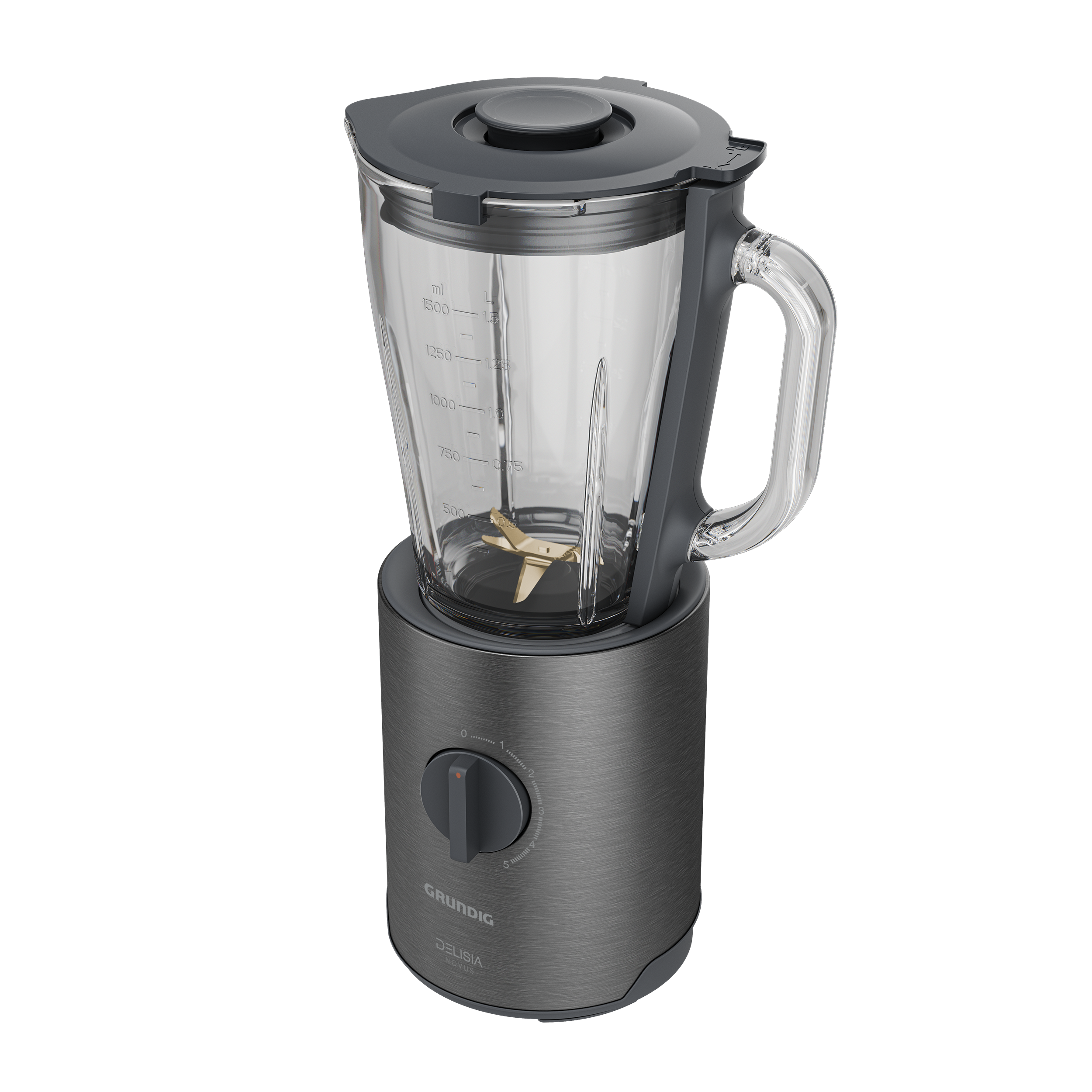 Blender: Koyu gri renkli, cam bir kavanoz ve numaralı bir kadranlı blender.