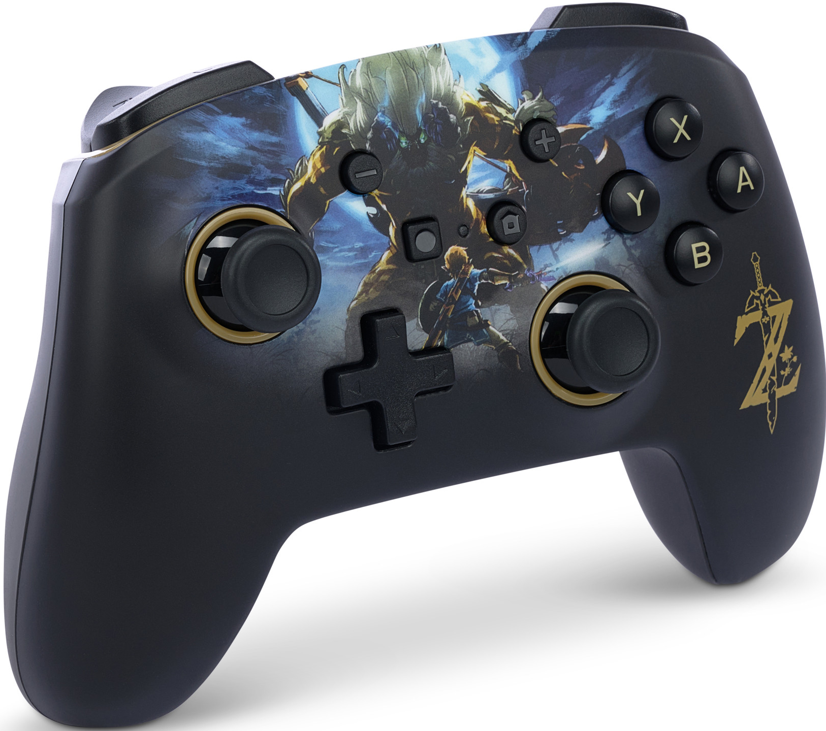 Schwarzer Nintendo Switch-Controller mit Zelda-Design und verschiedenen Tasten.