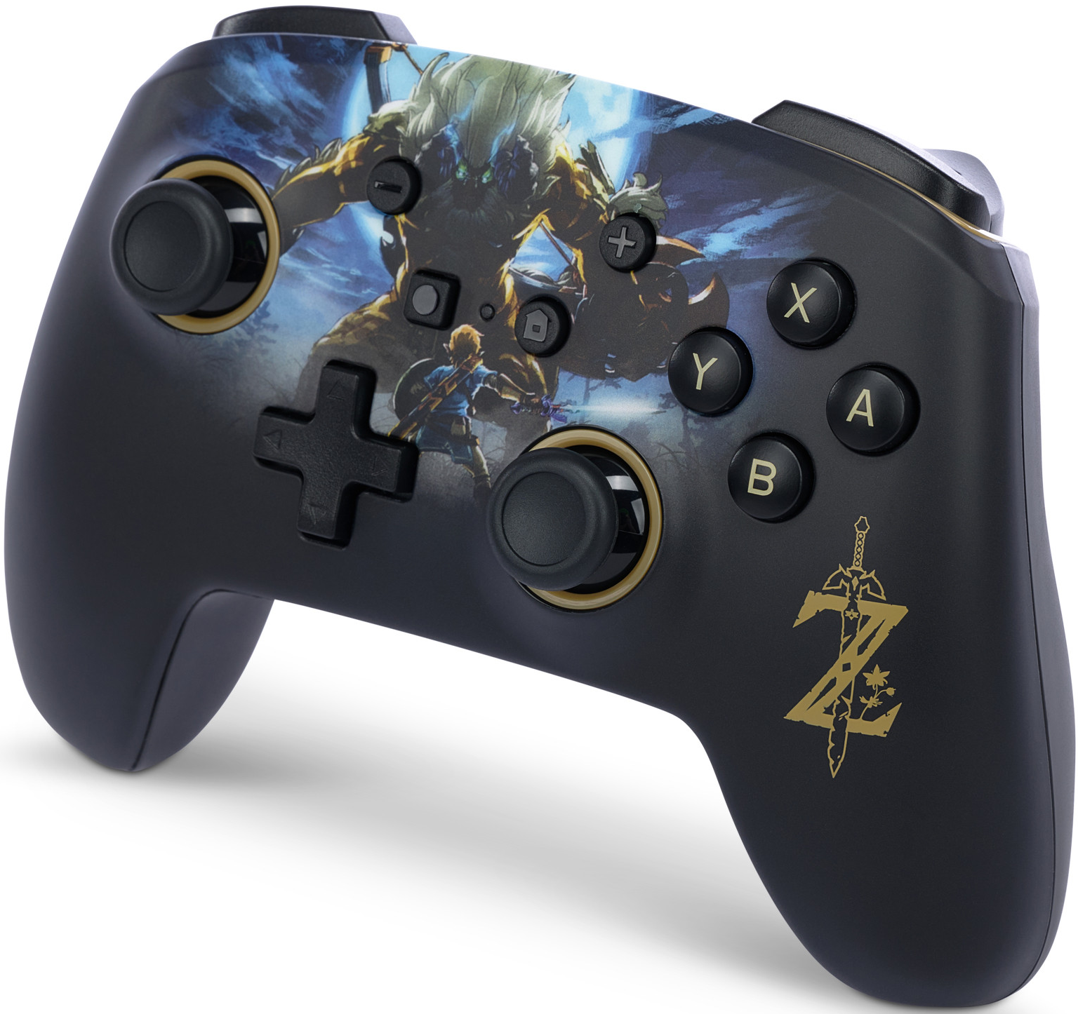 Ein schwarzer Nintendo Switch-Controller mit Zelda-Design. Knöpfe sind beschriftet. Controller auf weißem Hintergrund.