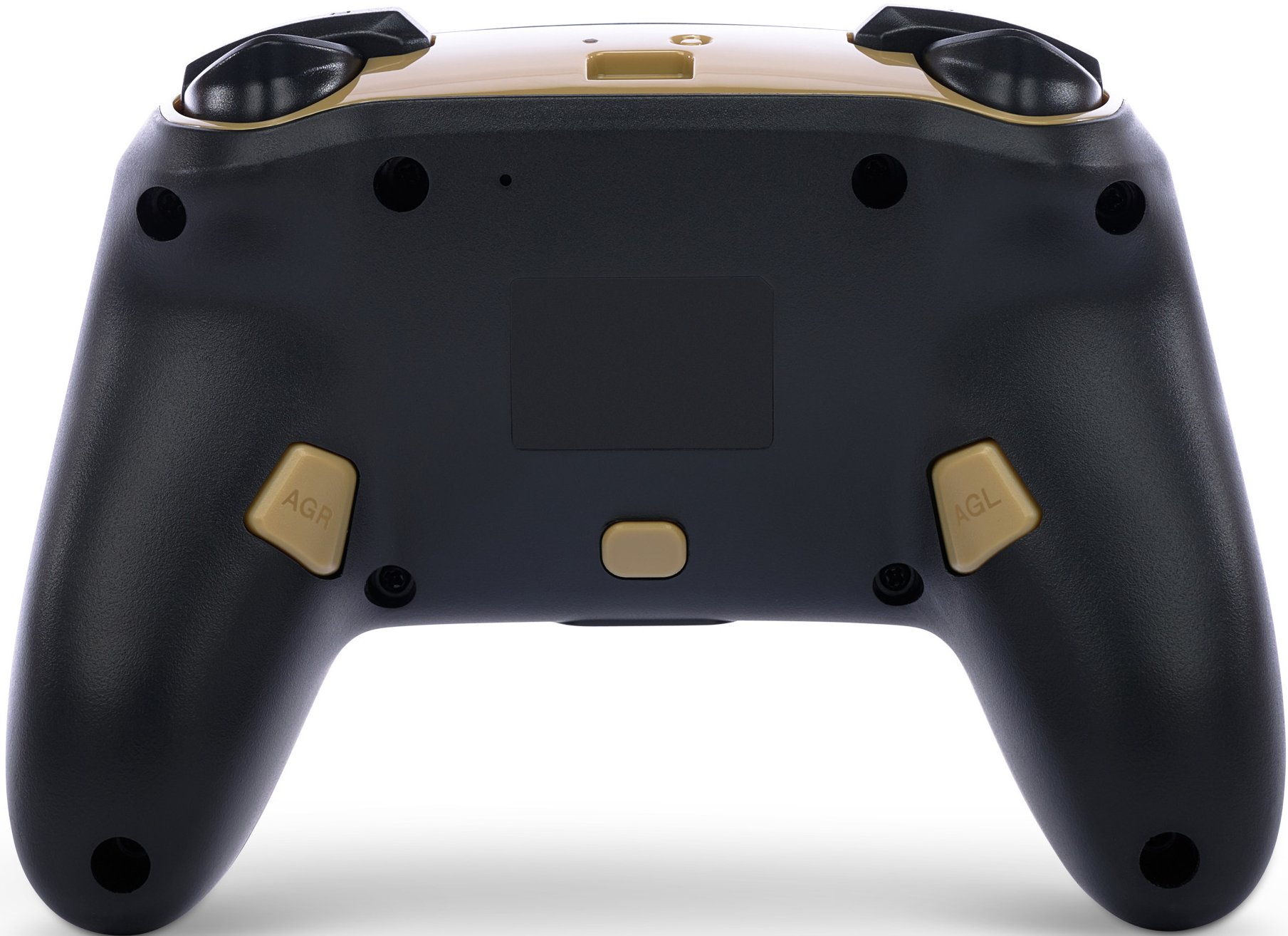 Die Unterseite eines schwarzen Gaming-Controllers mit den Tasten AGR und AGL.