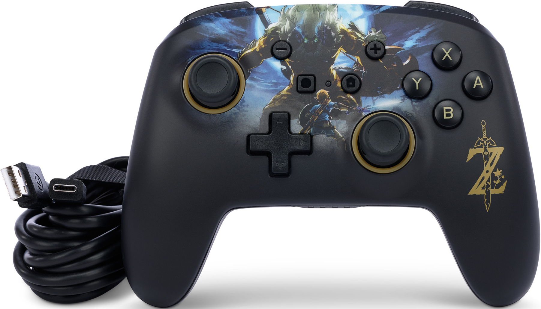 Schwarzer Controller mit Spiele-Grafik.