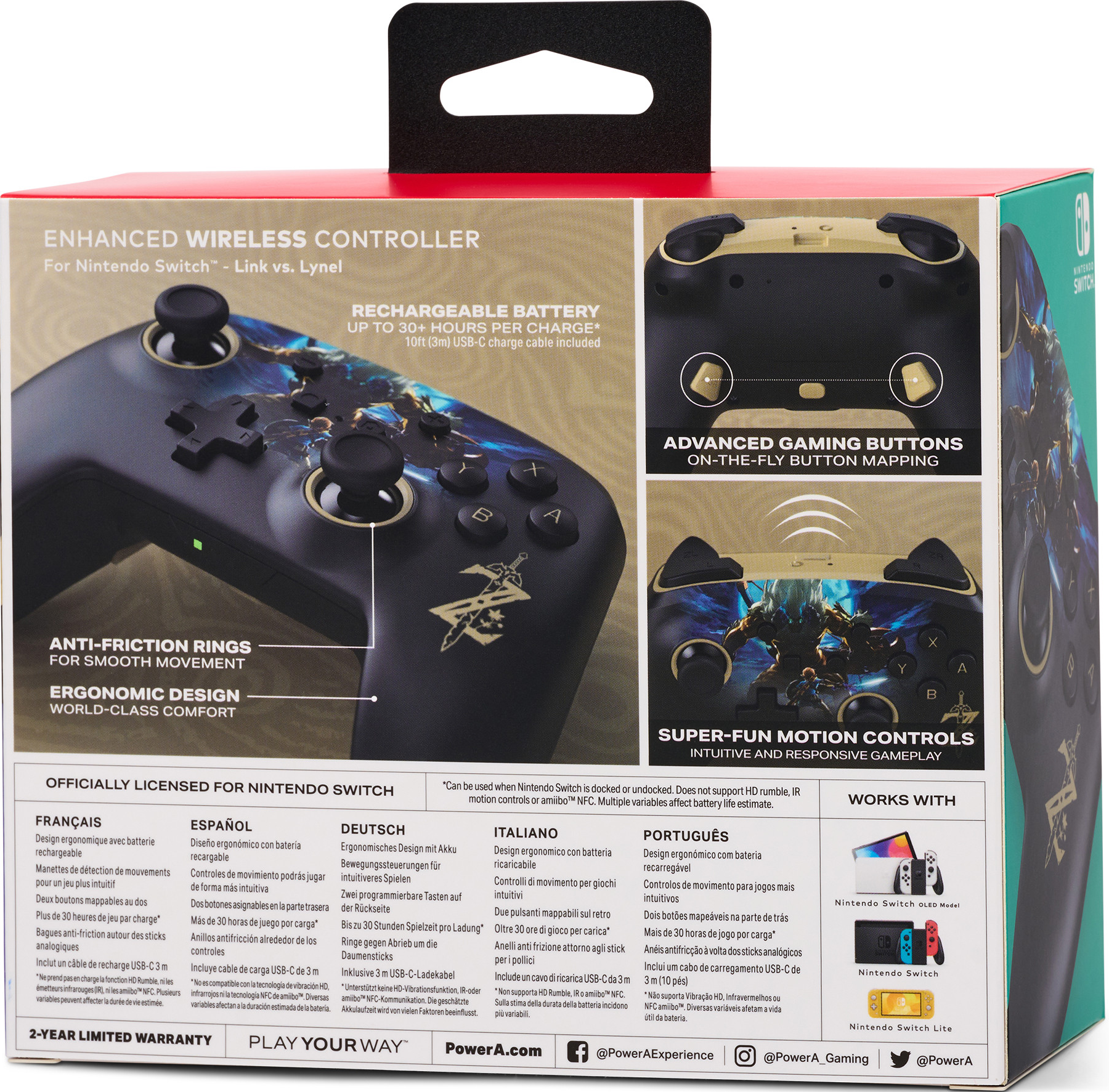 Rückseite einer Nintendo Switch Controller-Box. Text in mehreren Sprachen, mit Controller-Bildern und Funktionen.