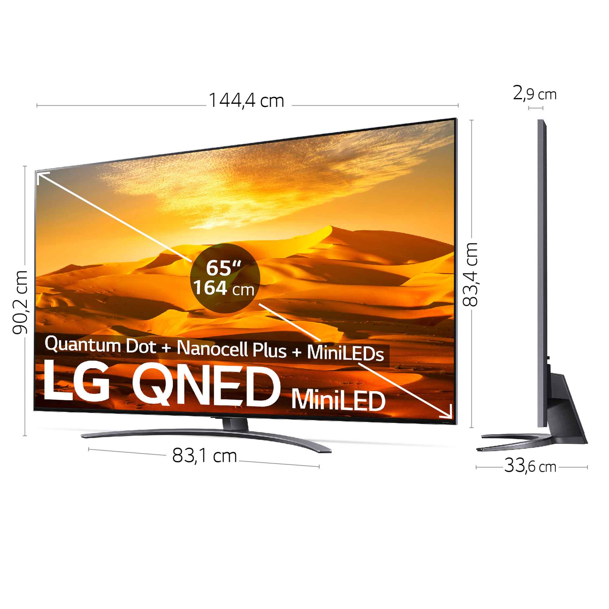 Un televisor grande con imagen del desierto y dimensiones a los lados.