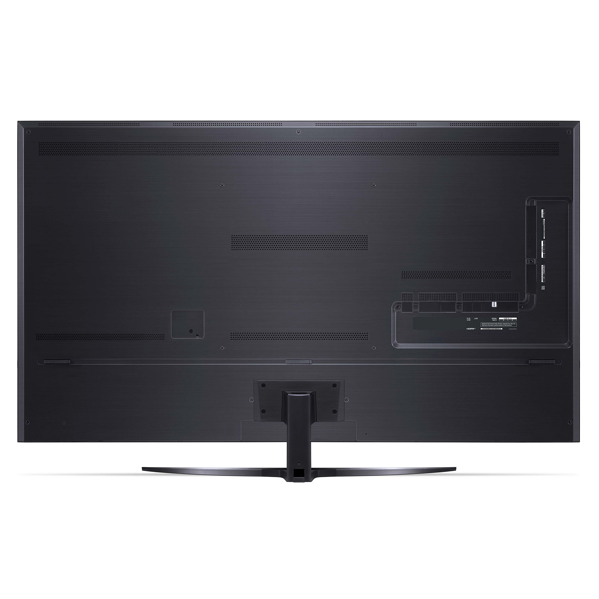 Vista trasera de un televisor negro grande con soporte y puertos. Muestra un diseño elegante y moderno.