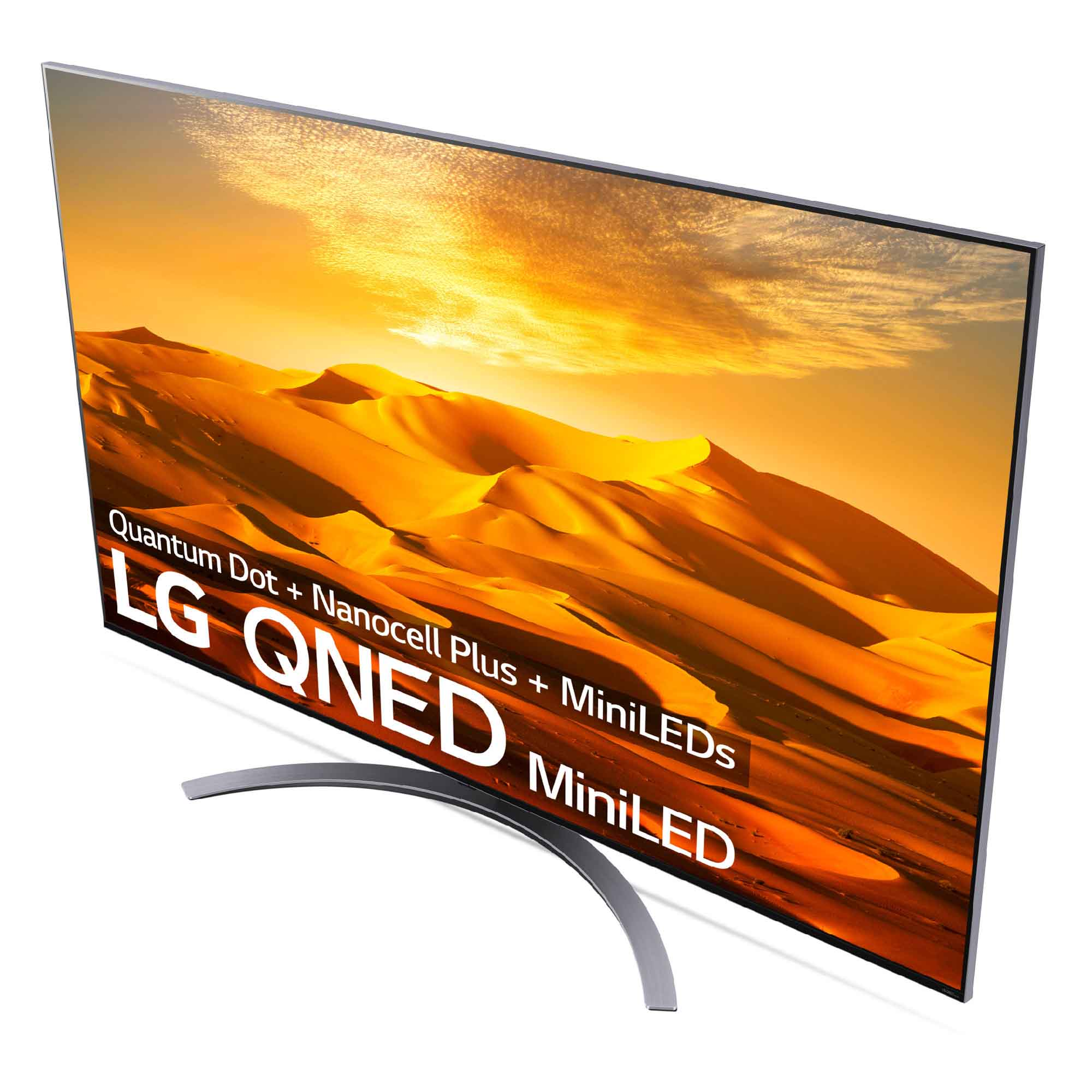 Una pantalla de TV curva que muestra un paisaje desértico. La pantalla tiene el logotipo LG QNED MiniLED.