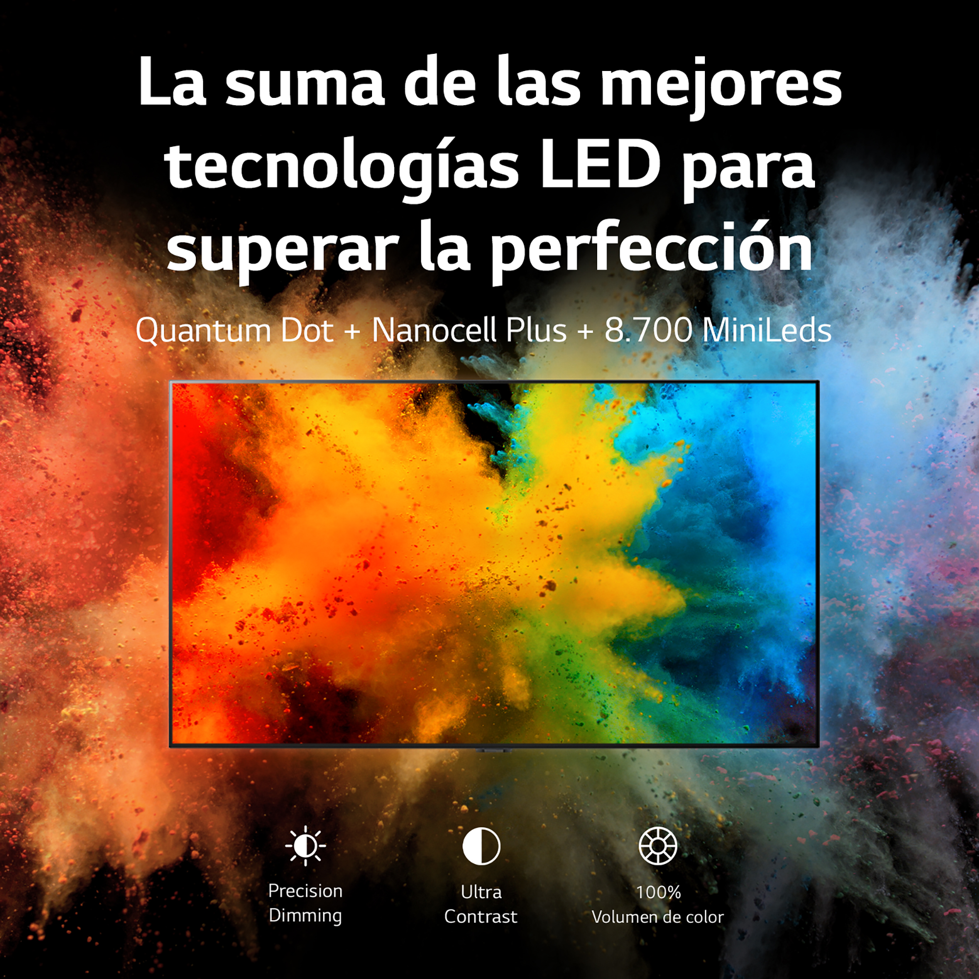 Una pantalla de TV con arte abstracto colorido, rodeada de texto sobre funciones.