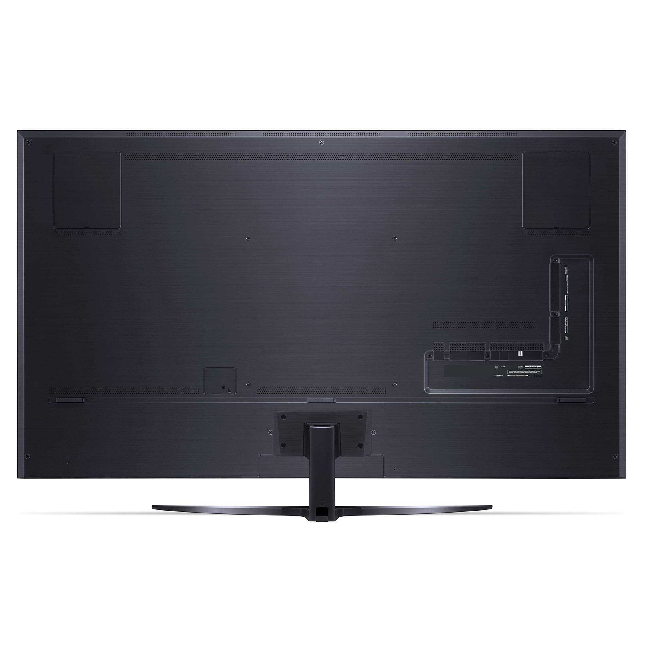 Parte trasera de un televisor negro con soporte. Los puertos y conexiones son visibles.