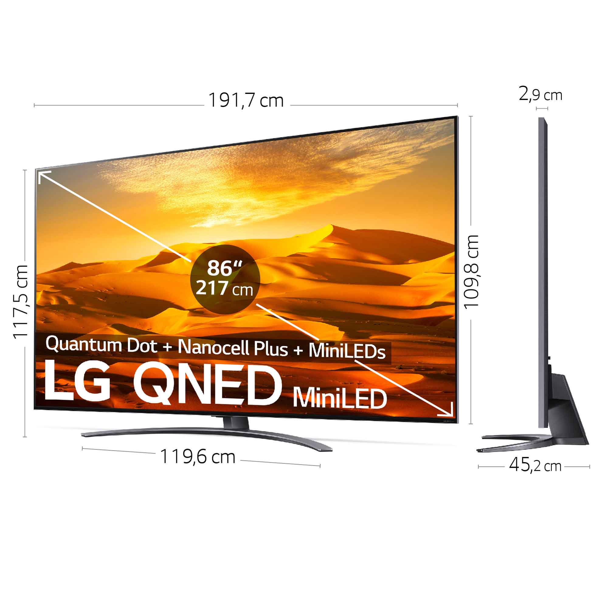 Un televisor grande con imagen del desierto y dimensiones a los lados.